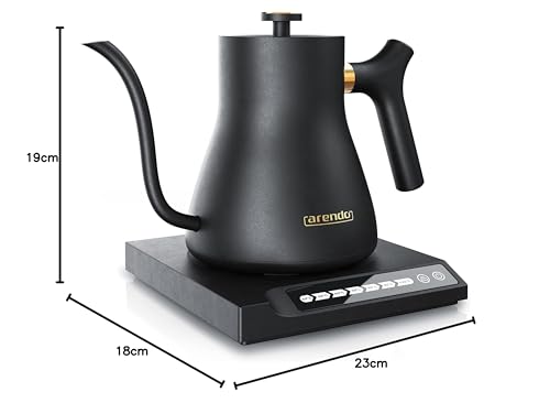 Arendo - Edelstahl Wasserkocher Schwanenhals mit Temperatureinstellung - 40° bis 100° - Warmhaltefunktion 30 Minuten – 0,5 Liter – Sensortasten – 360° Basis - Retro Design - Schwarz