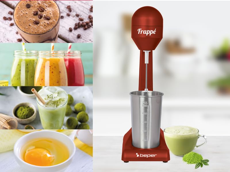 Beper - Elektrischer Standmixer für Milchshakes, Frappés, Smoothies und Cocktails, 2-Gänge, Aluminiumbehälter 0,5 l, 100 W , Rot