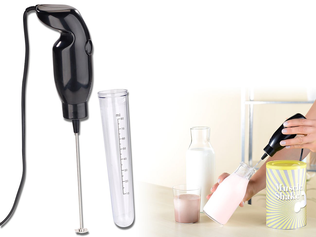 Rosenstein & Söhne Frappe Mixer: Elektrischer Quirl-Mini-Handmixer mit Mixbecher-Aufsatz, 15 Watt (Miniquirl, Frappe Handmixer, Zerkleinerer)