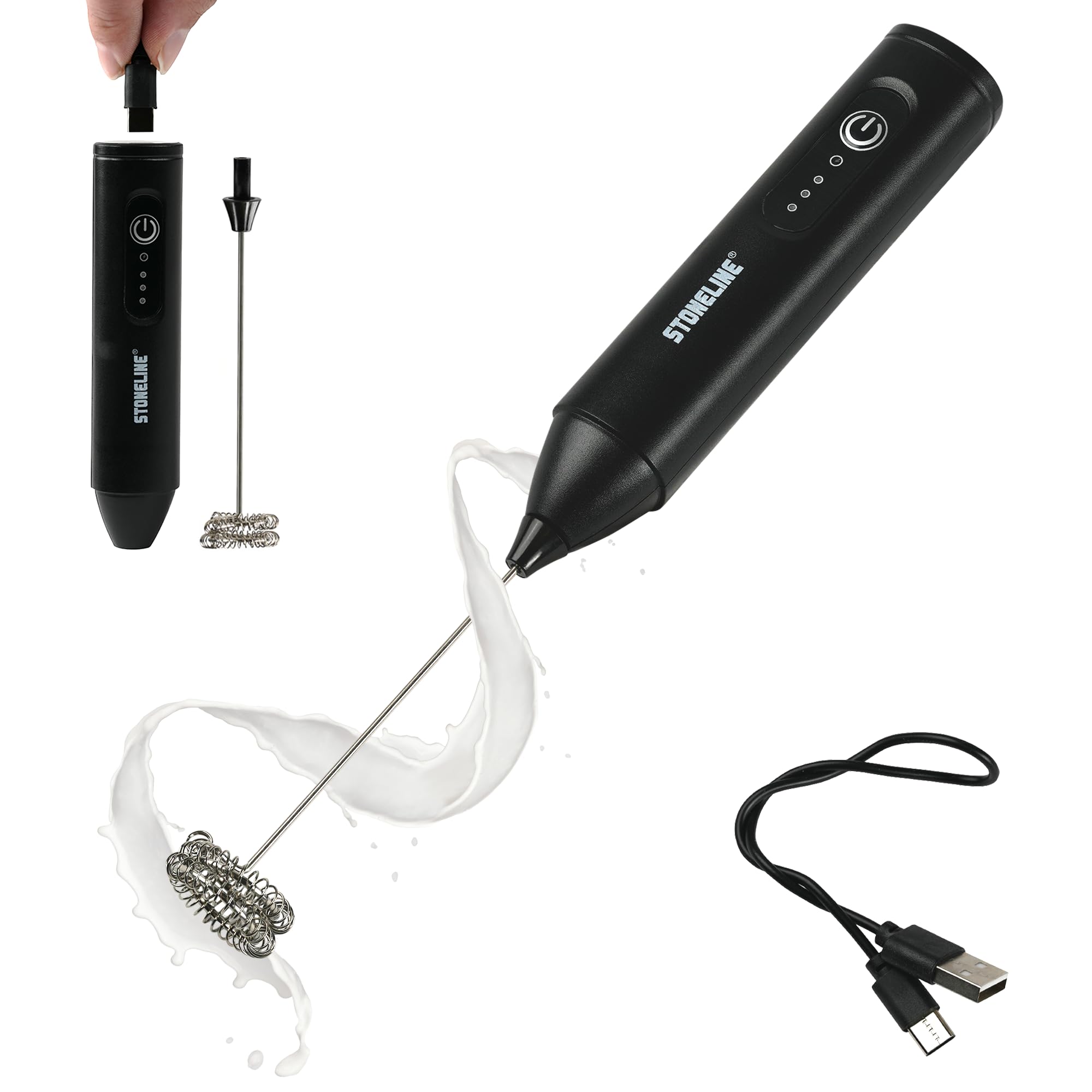 STONELINE Elektrischer Milchaufschäumer USB C Aufladbar mit 3 Stufen, Mixstab mit Edelstahl Schneebesen Doppelfeder Schaumbereiter Getränkemixer Handmixer für Kaffee Cappuccino Cocktails, Schwarz