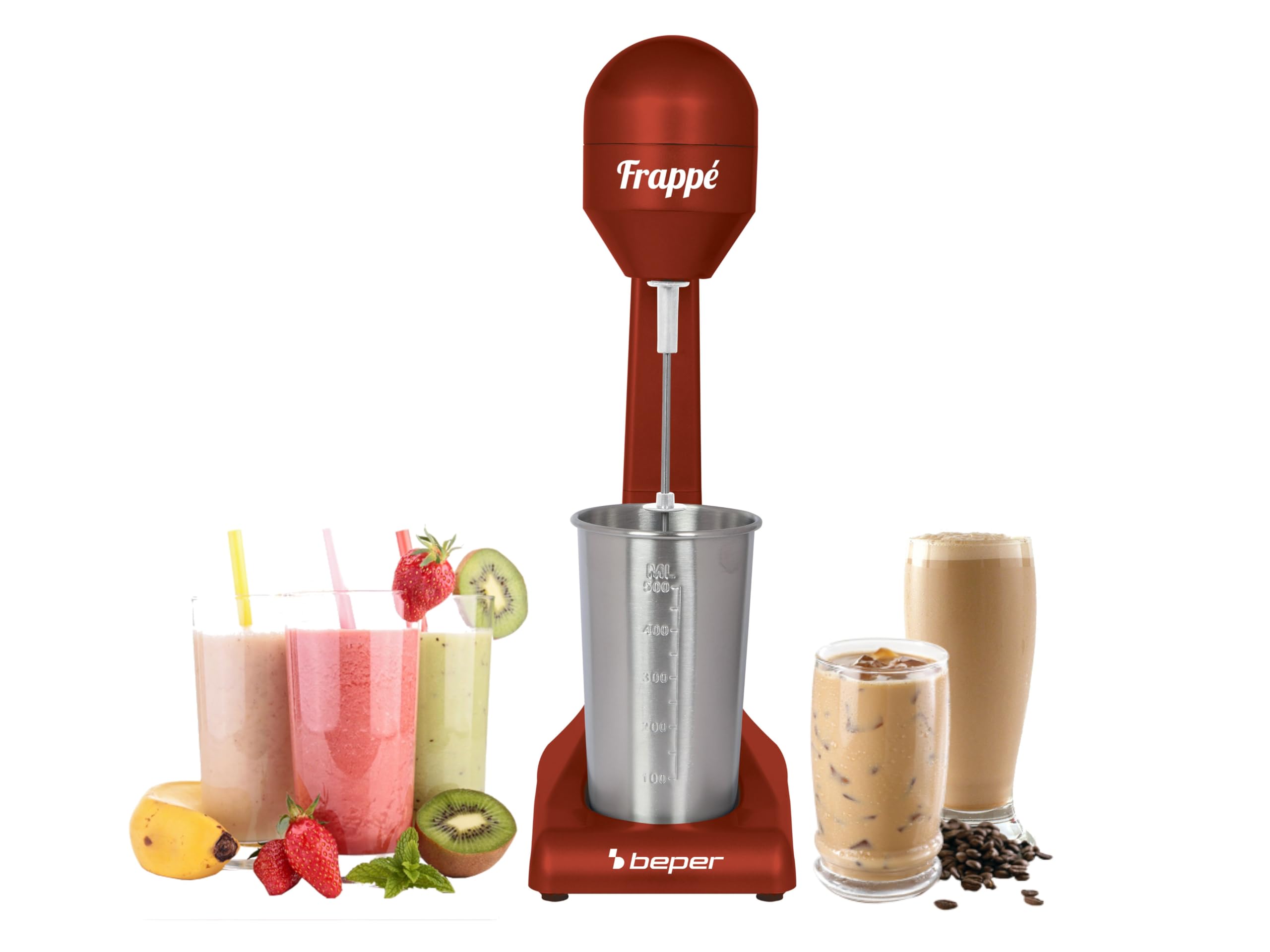 Beper - Elektrischer Standmixer für Milchshakes, Frappés, Smoothies und Cocktails, 2-Gänge, Aluminiumbehälter 0,5 l, 100 W , Rot