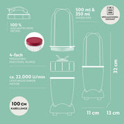 GOURMETmaxx Mr. Magic Power Pro Mixer 400 Watt | Smoothie Maker mit to go Deckel | Standmixer mit Mixbecher & Frischhaltedeckel zum Aufbewahren | Blender mit Zubehörset L für Shakes, Smoothies etc.