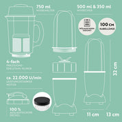 GOURMETmaxx Mr. Magic Power Pro Mixer 400 Watt | Smoothie Maker mit to go Deckel | Standmixer mit Mixbecher & Frischhaltedeckel zum Aufbewahren | Blender mit Zubehörset XL für Shakes, Smoothies etc.