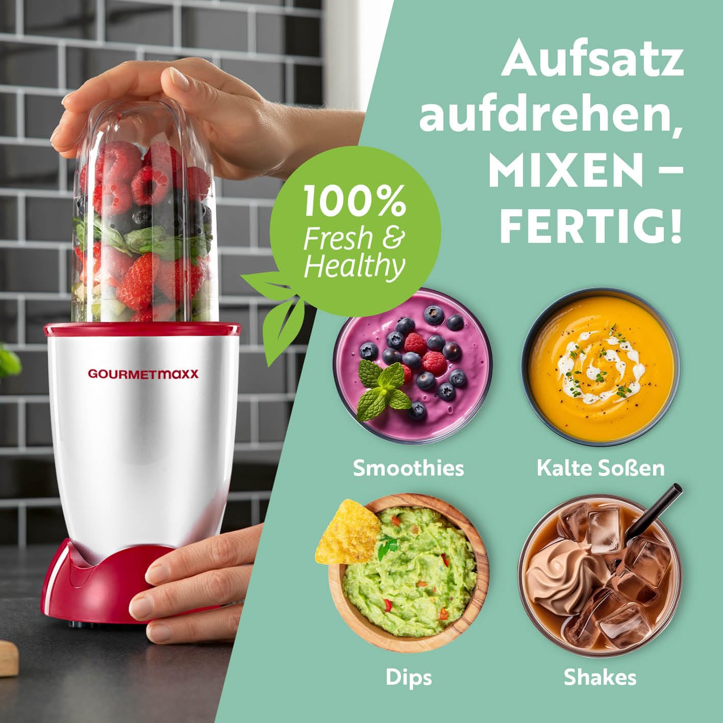 GOURMETmaxx Mr. Magic Power Pro Mixer 400 Watt | Smoothie Maker mit to go Deckel | Standmixer mit Mixbecher & Frischhaltedeckel zum Aufbewahren | Blender mit Zubehörset L für Shakes, Smoothies etc.