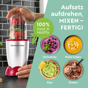 GOURMETmaxx Mr. Magic Power Pro Mixer 400 Watt | Smoothie Maker mit to go Deckel | Standmixer mit Mixbecher & Frischhaltedeckel zum Aufbewahren | Blender mit Zubehörset L für Shakes, Smoothies etc.