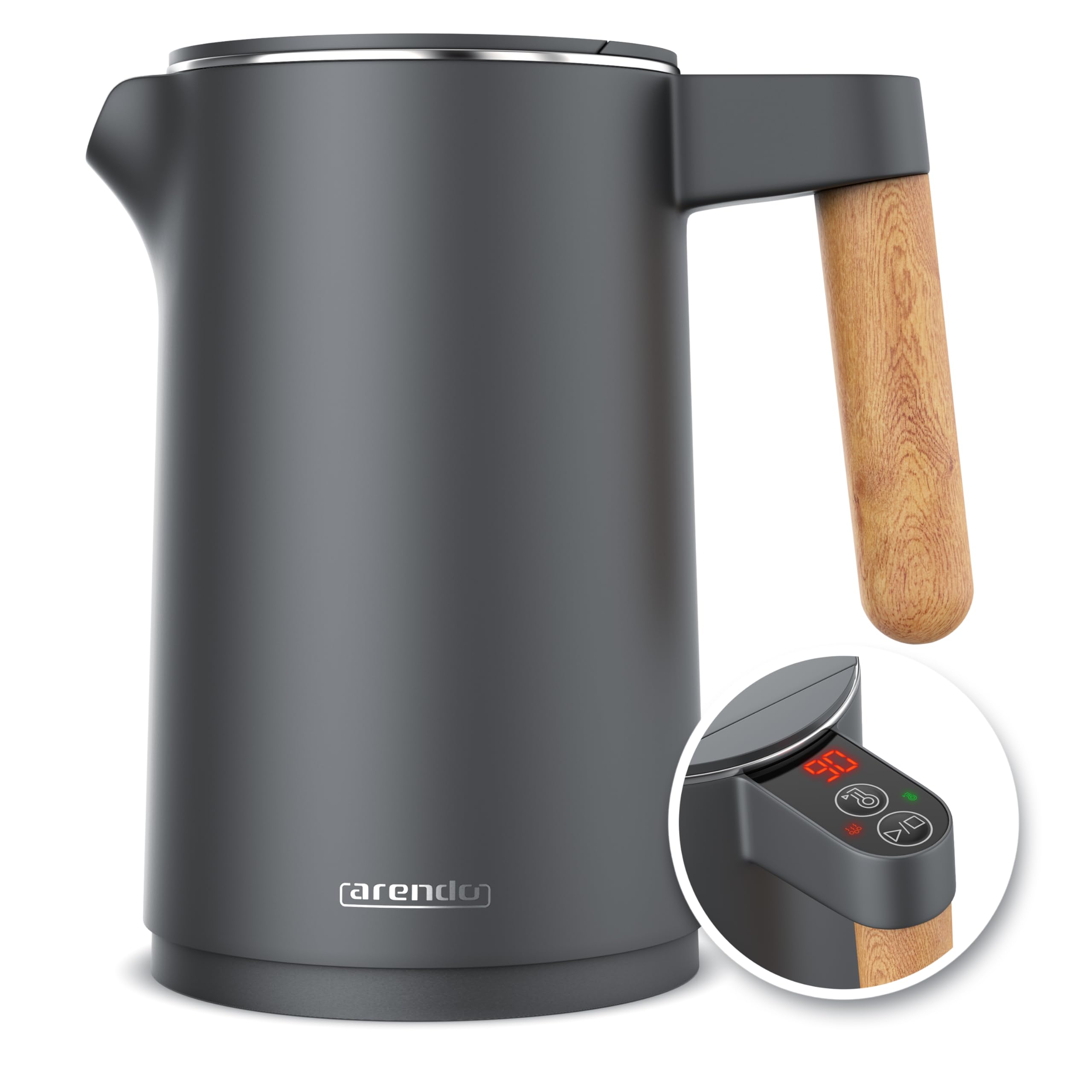 Arendo - Wasserkocher Edelstahl mit Temperatureinstellung - 45°C-100°C - 1.5 Liter - Doppelwand - BPA frei - Warmhaltefunktion - Teekocher mit Temperaturanzeige - Griff Cool Touch - Schwarz Cool Grey