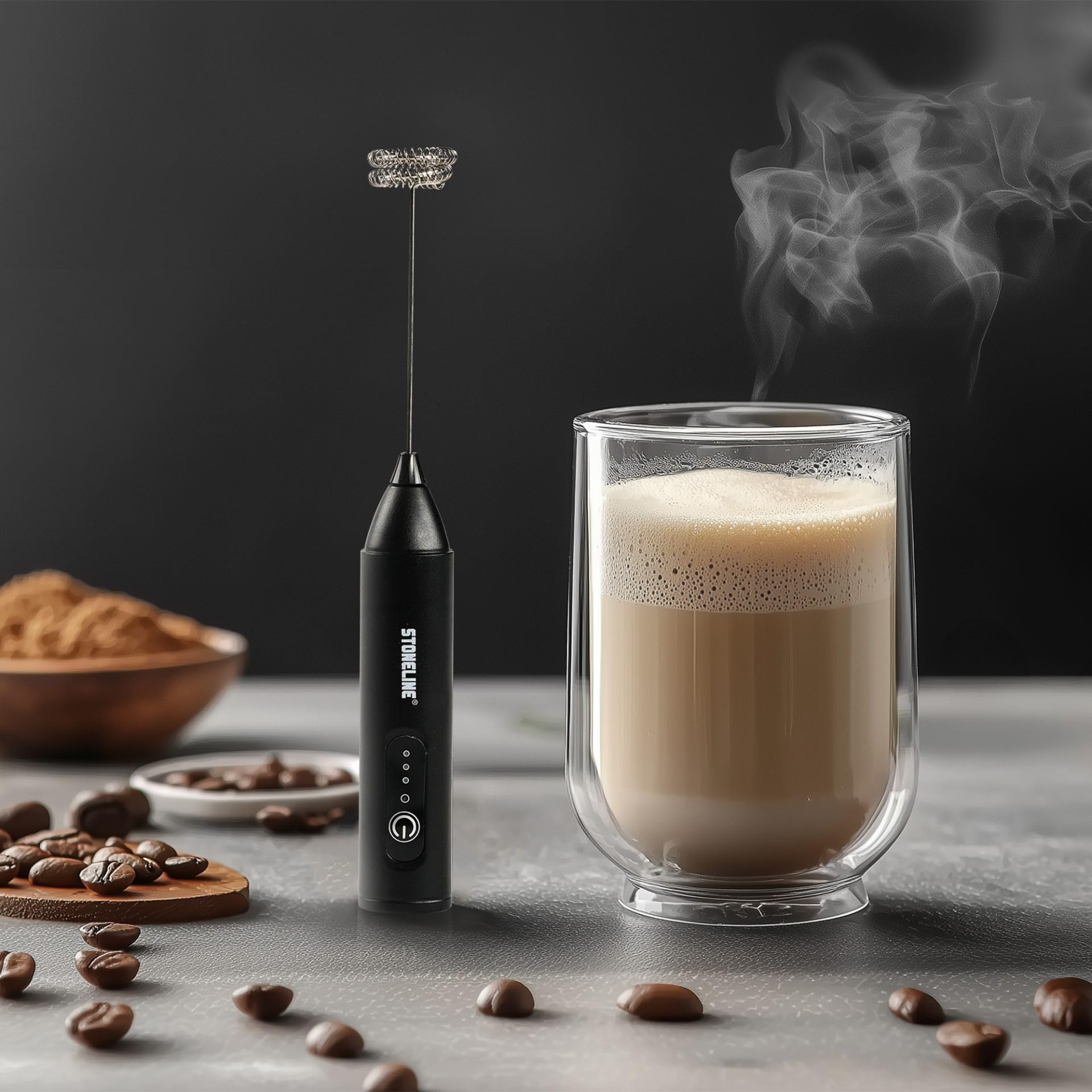 STONELINE Elektrischer Milchaufschäumer USB C Aufladbar mit 3 Stufen, Mixstab mit Edelstahl Schneebesen Doppelfeder Schaumbereiter Getränkemixer Handmixer für Kaffee Cappuccino Cocktails, Schwarz