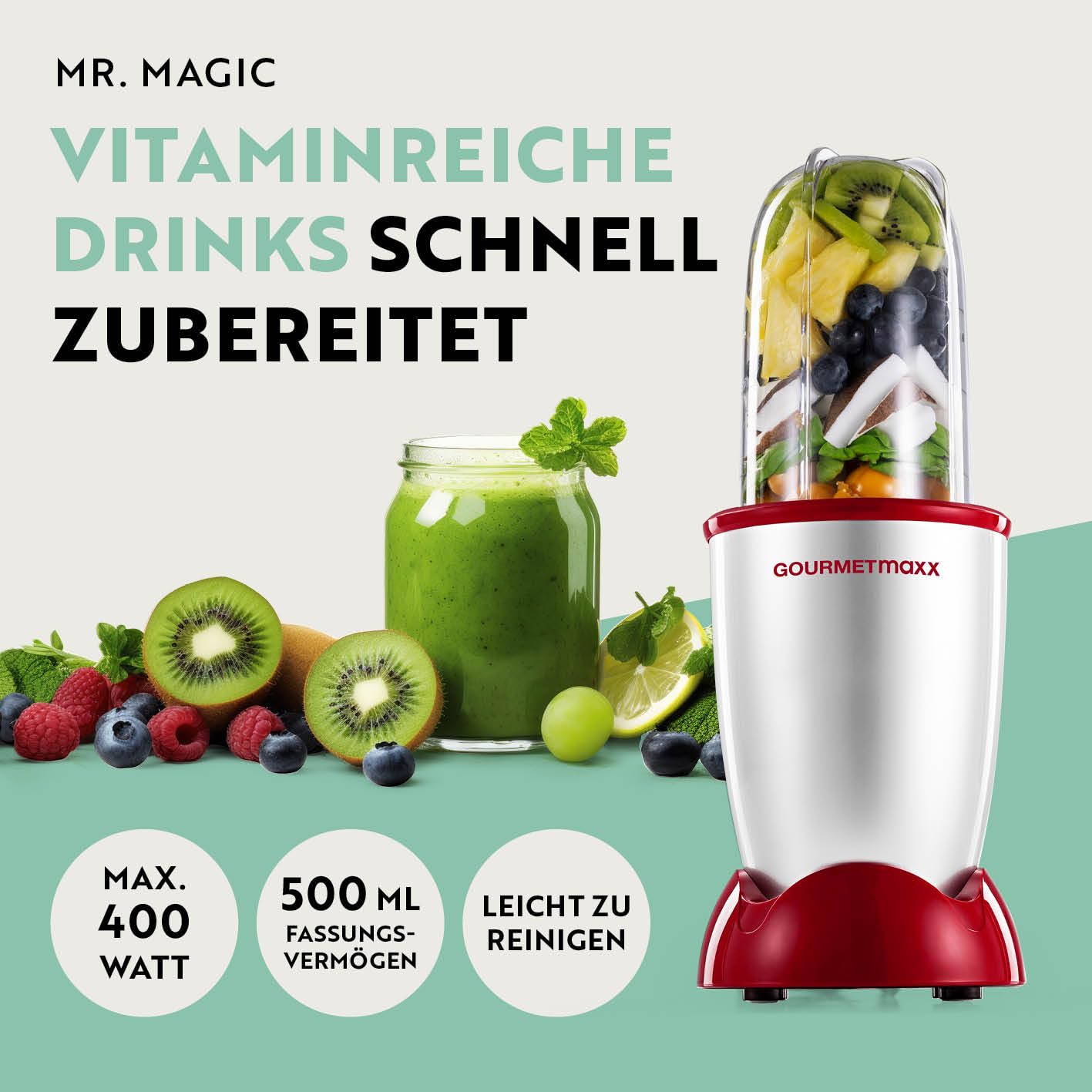 GOURMETmaxx Mr. Magic Power Pro Mixer 400 Watt | Smoothie Maker mit to go Deckel | Standmixer mit Mixbecher & Frischhaltedeckel zum Aufbewahren | Blender mit Zubehörset L für Shakes, Smoothies etc.
