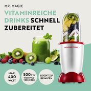 GOURMETmaxx Mr. Magic Power Pro Mixer 400 Watt | Smoothie Maker mit to go Deckel | Standmixer mit Mixbecher & Frischhaltedeckel zum Aufbewahren | Blender mit Zubehörset L für Shakes, Smoothies etc.
