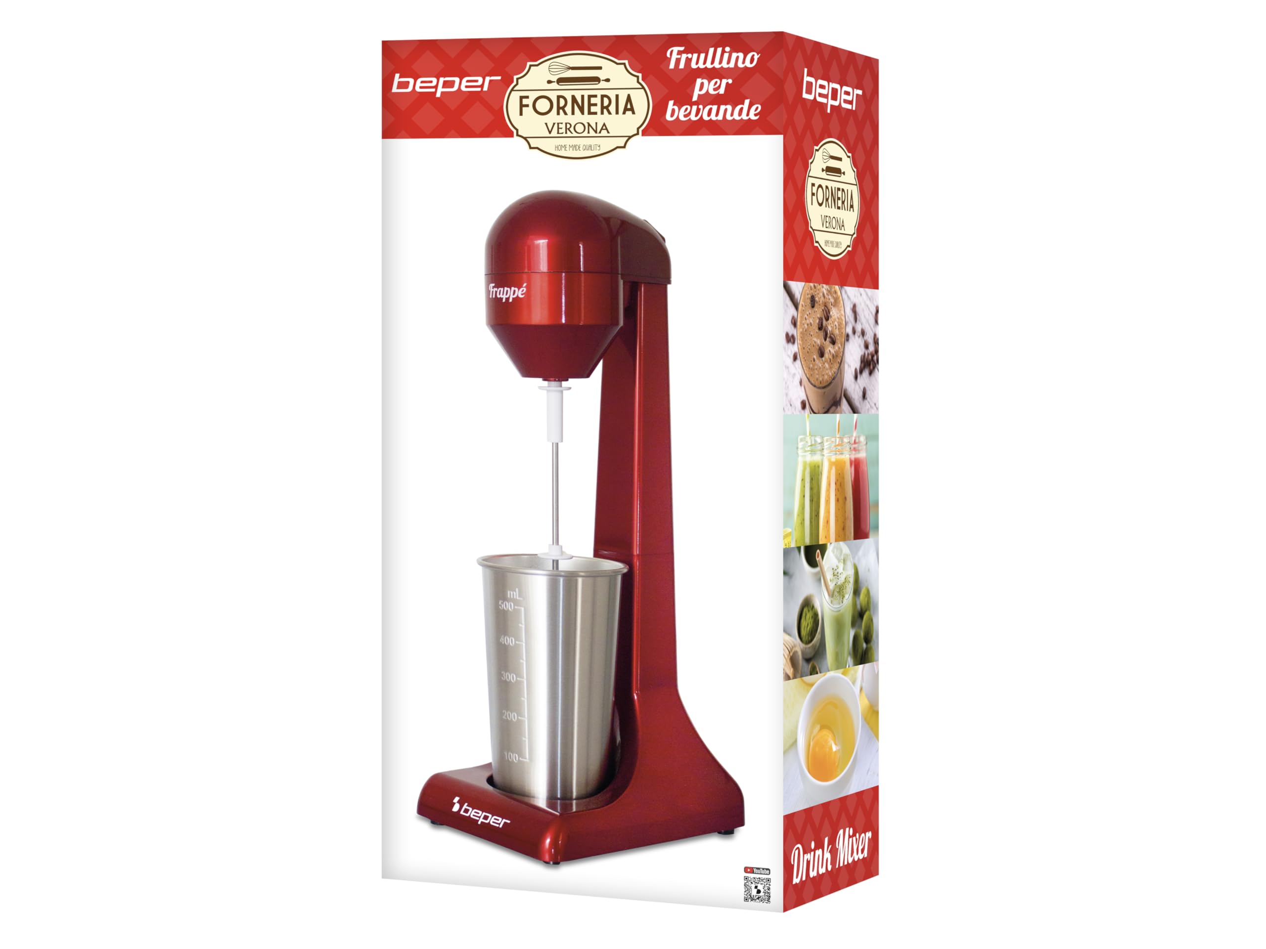Beper - Elektrischer Standmixer für Milchshakes, Frappés, Smoothies und Cocktails, 2-Gänge, Aluminiumbehälter 0,5 l, 100 W , Rot