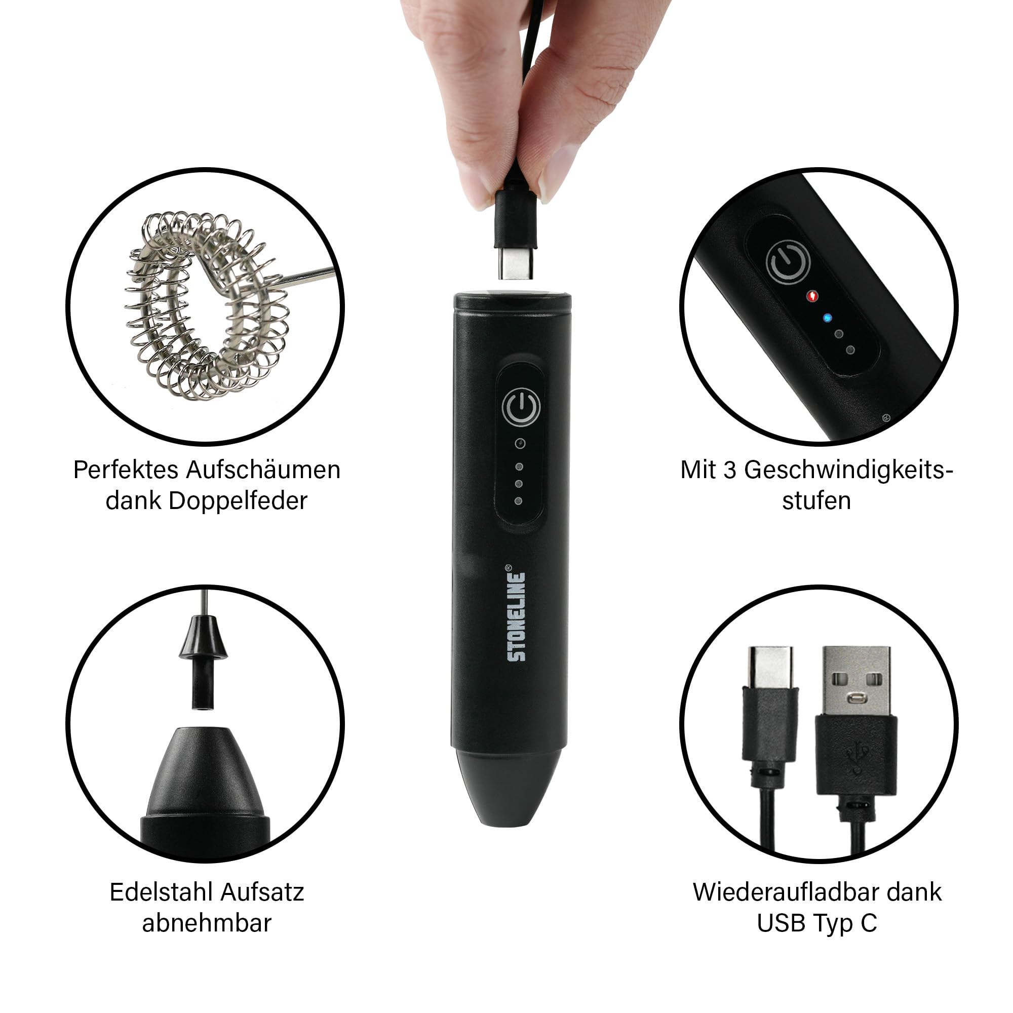 STONELINE Elektrischer Milchaufschäumer USB C Aufladbar mit 3 Stufen, Mixstab mit Edelstahl Schneebesen Doppelfeder Schaumbereiter Getränkemixer Handmixer für Kaffee Cappuccino Cocktails, Schwarz