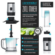 Arendo - Edelstahl Standmixer 700W - 2in1 - Smoothie Maker - 1,2l Fassungsvermögen inkl. 2x 0,57l Smoothie Mixbehälter - Mix & Go Shake Mixer - Leistungsstarkes Edelstahlmesser