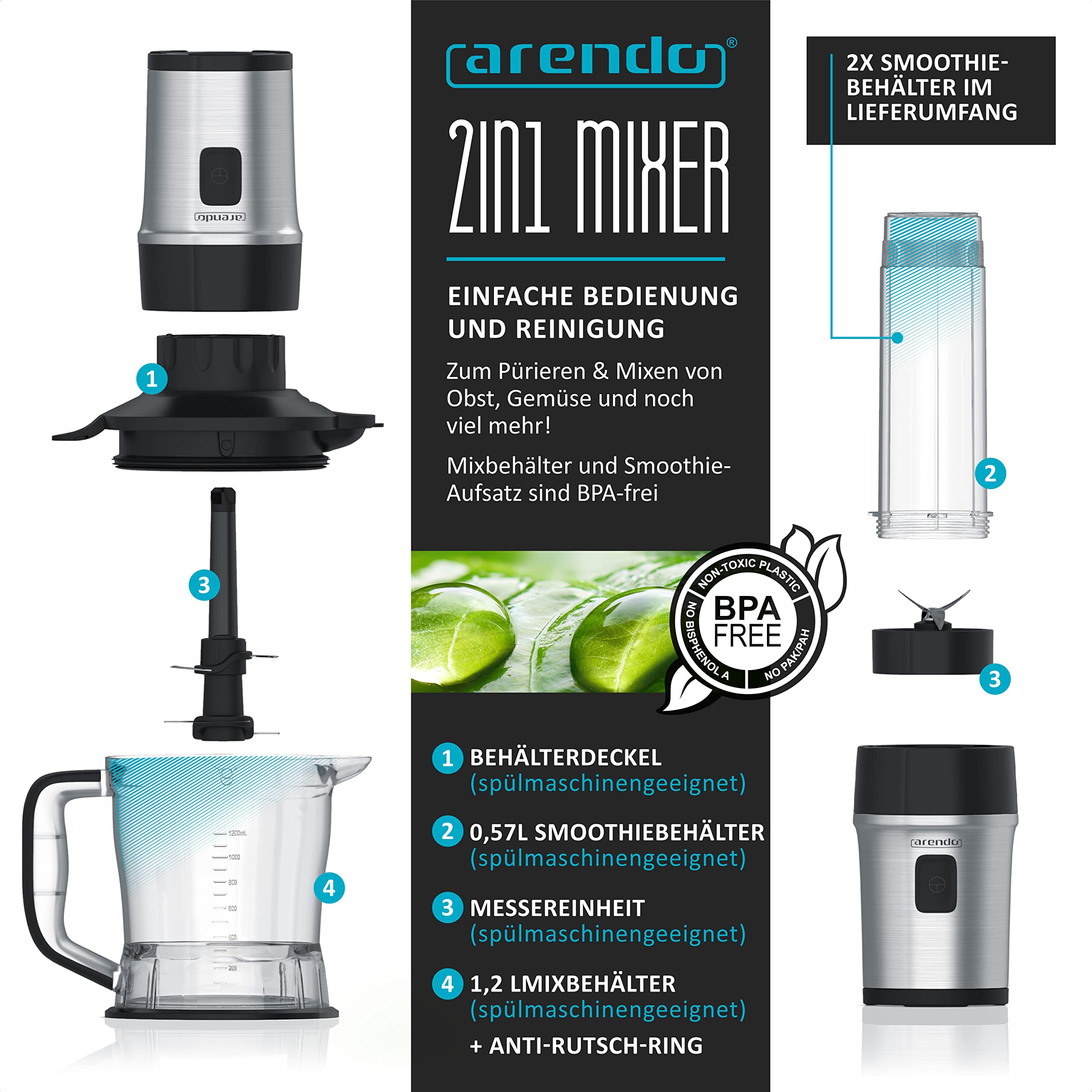 Arendo - Edelstahl Standmixer 700W - 2in1 - Smoothie Maker - 1,2l Fassungsvermögen inkl. 2x 0,57l Smoothie Mixbehälter - Mix & Go Shake Mixer - Leistungsstarkes Edelstahlmesser