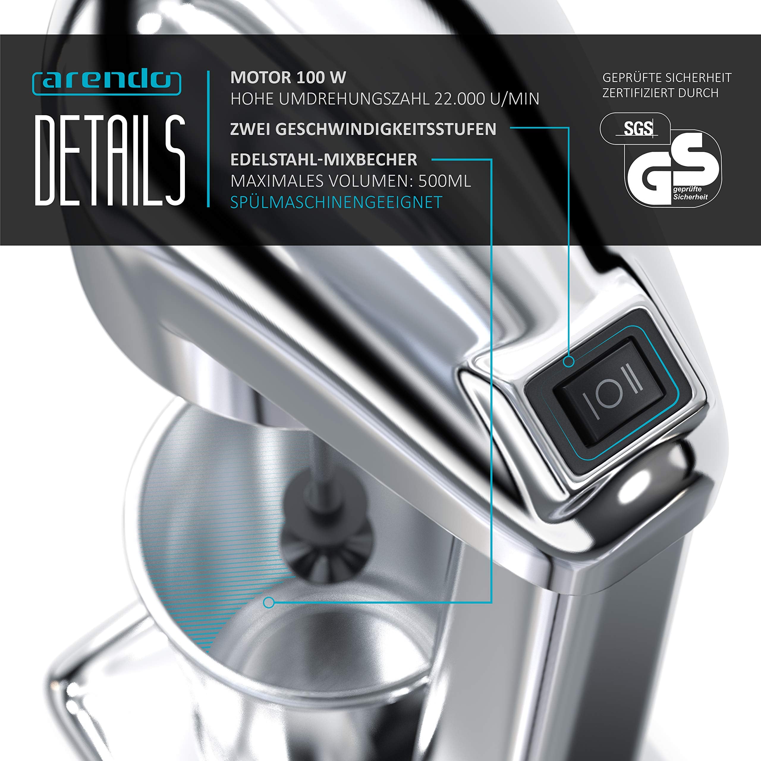 Arendo - Drink Mixer - Getränkemixer - elektrischer Standmixer - Shaker - 500 ml Becher - 100 W, 22.000 U min - 2 Geschwindigkeitsstufen - Protein Smoothies Eischnee Milchshakes Cocktails - GS