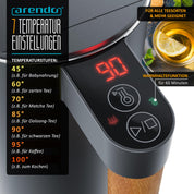Arendo - Wasserkocher Edelstahl mit Temperatureinstellung - 45°C-100°C - 1.5 Liter - Doppelwand - BPA frei - Warmhaltefunktion - Teekocher mit Temperaturanzeige - Griff Cool Touch - Schwarz Cool Grey