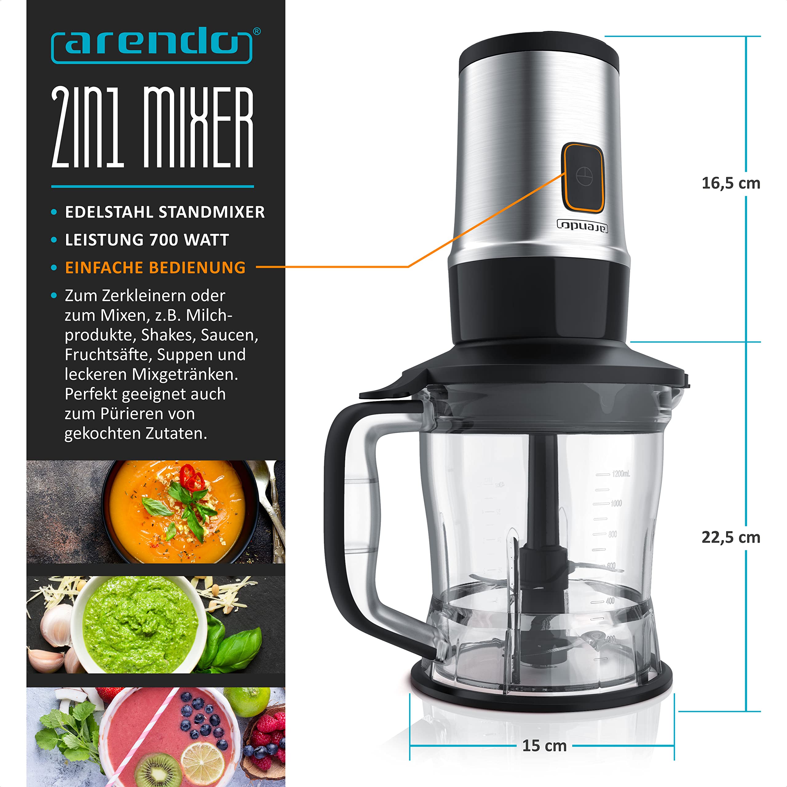 Arendo - Edelstahl Standmixer 700W - 2in1 - Smoothie Maker - 1,2l Fassungsvermögen inkl. 2x 0,57l Smoothie Mixbehälter - Mix & Go Shake Mixer - Leistungsstarkes Edelstahlmesser