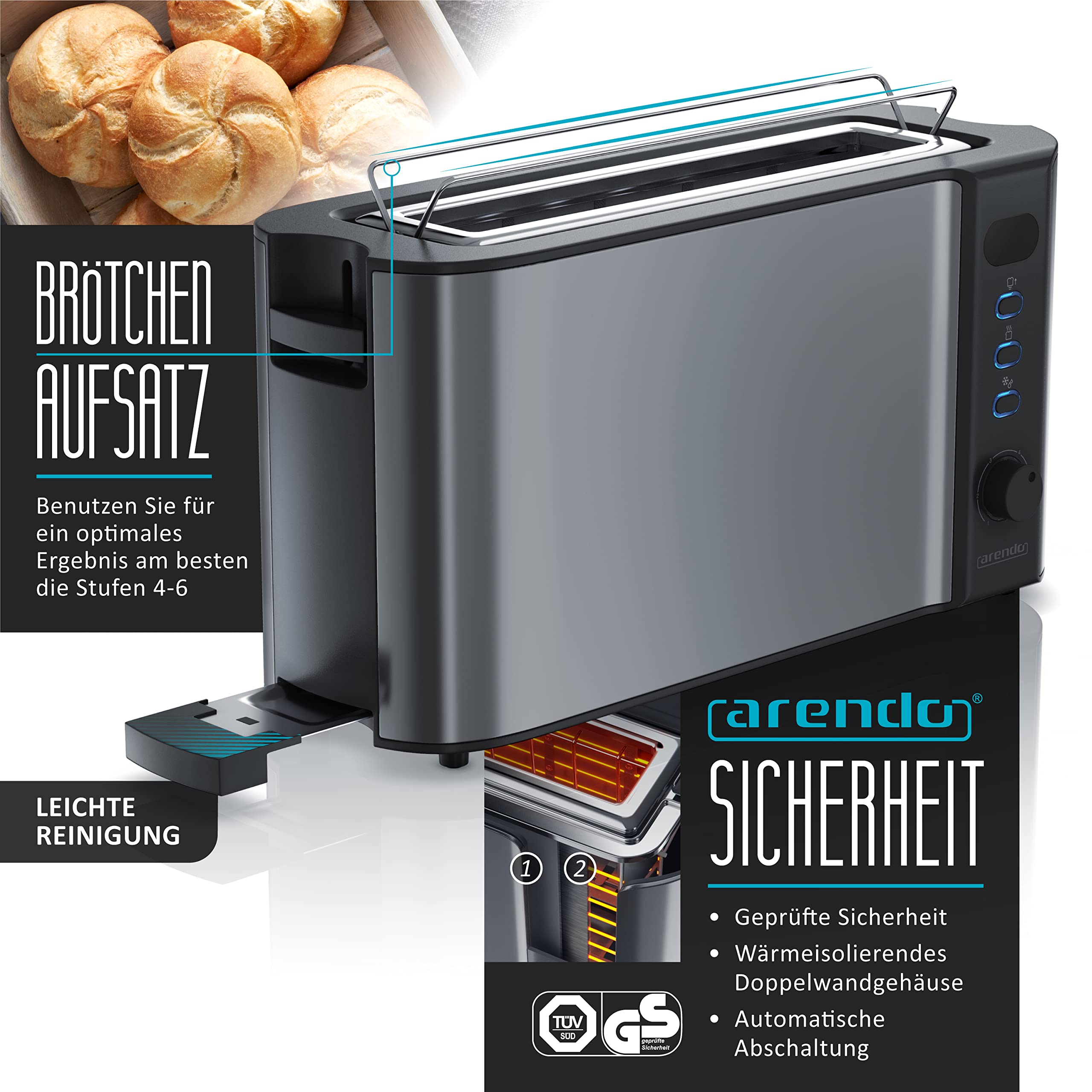 Arendo - Wasserkocher mit Toaster SET Edelstahl Cool Grey, Wasserkocher 1,5L 40°-100°C Warmhaltefunktion Toaster 2 Scheiben LED-Display 6 Bräunungsgrade Brötchaufsatz