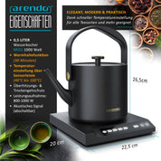 Arendo - Edelstahl Wasserkocher mit Temperatureinstellung - 40° bis 100° - Warmhaltefunktion 30 Minuten – 0,5 Liter – Sensortasten – 360° Basis – Retro Design - Schwarz