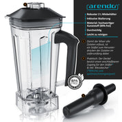 Arendo - Standmixer 2000 Watt mit Touchpanel - Hochleitungsmixer - 2L - 9 Geschwindigkeitsstufen – max. 24.000 U/min - Pulsfunktion – Timer – 5 Programme – Mixer mit Display – 6 Messer aus Edelstahl