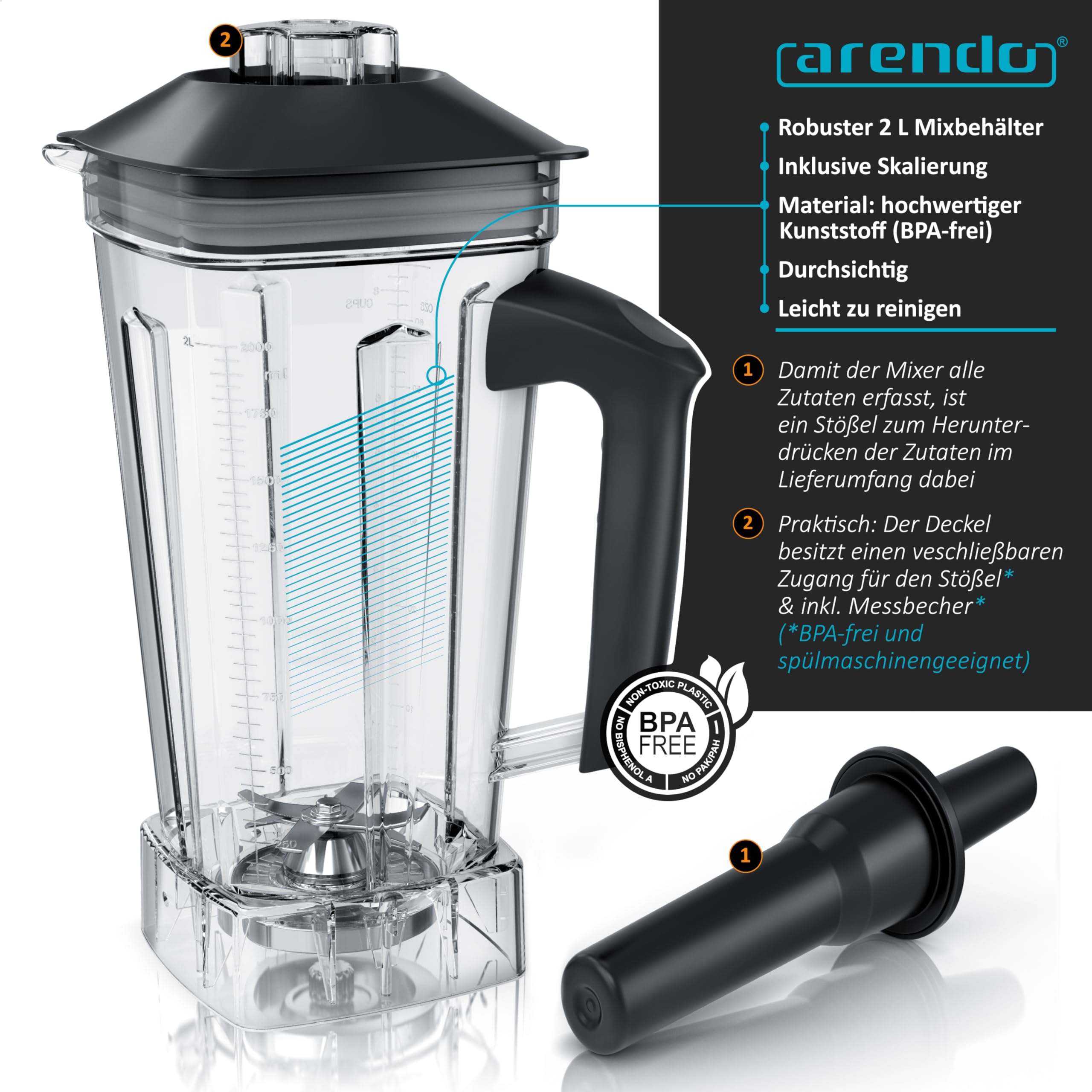 Arendo - Standmixer 2000 Watt mit Touchpanel - Hochleitungsmixer - 2L - 9 Geschwindigkeitsstufen – max. 24.000 U/min - Pulsfunktion – Timer – 5 Programme – Mixer mit Display – 6 Messer aus Edelstahl