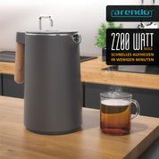 Arendo - Wasserkocher Edelstahl mit Temperatureinstellung - 45°C-100°C - 1.5 Liter - Doppelwand - BPA frei - Warmhaltefunktion - Teekocher mit Temperaturanzeige - Griff Cool Touch - Schwarz Cool Grey