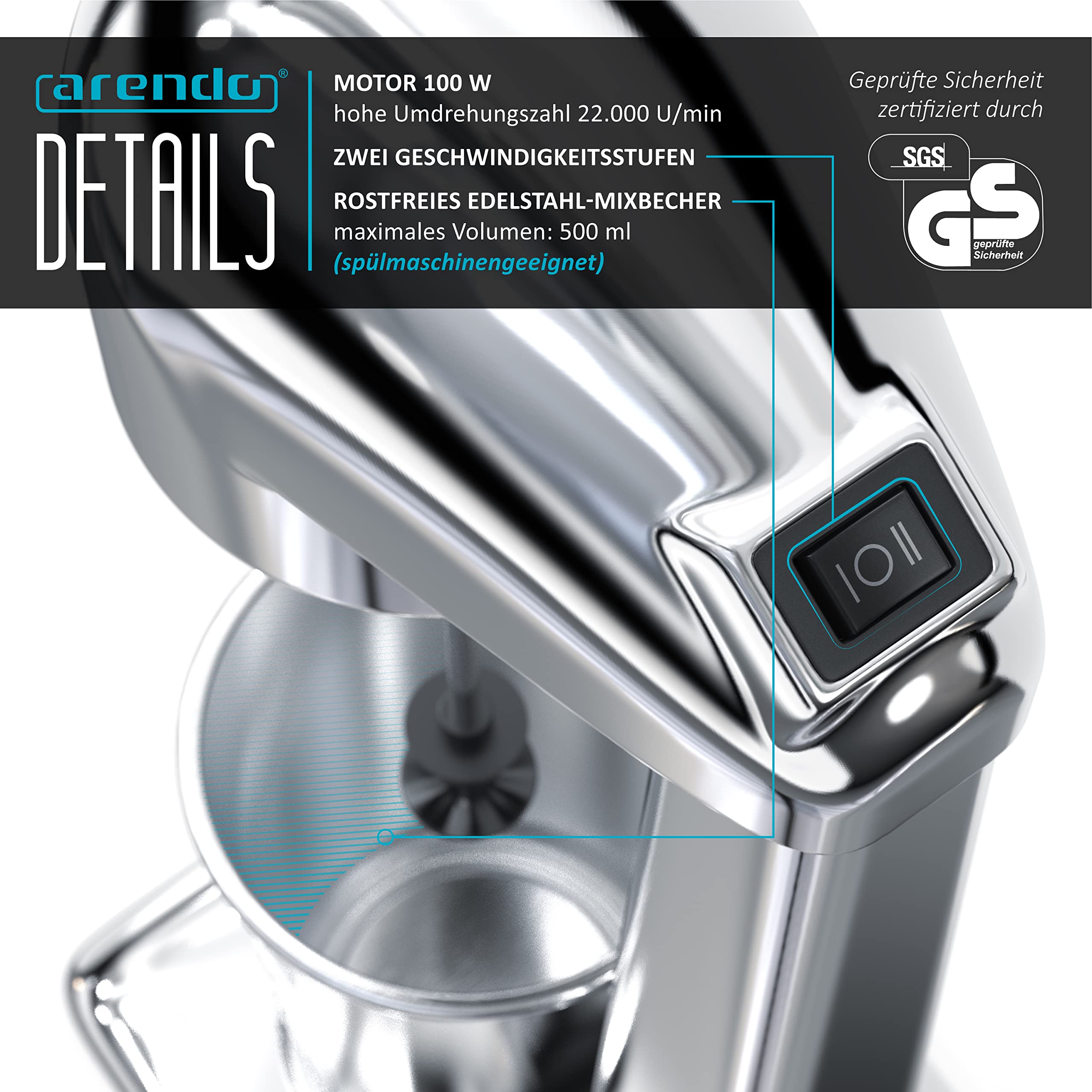 Arendo - Drink Mixer - Eiweiß Shaker - Getränkemixer - elektrischer Standmixer - 500 ml Becher - 22.000 U min - 2 Geschwindigkeitsstufen - Fitness Protein Drinks Smoothies Milchshakes Cocktails