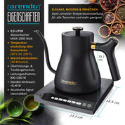 Arendo - Edelstahl Wasserkocher Schwanenhals mit Temperatureinstellung - 40° bis 100° - Warmhaltefunktion 30 Minuten – 0,5 Liter – Sensortasten – 360° Basis - Retro Design - Schwarz
