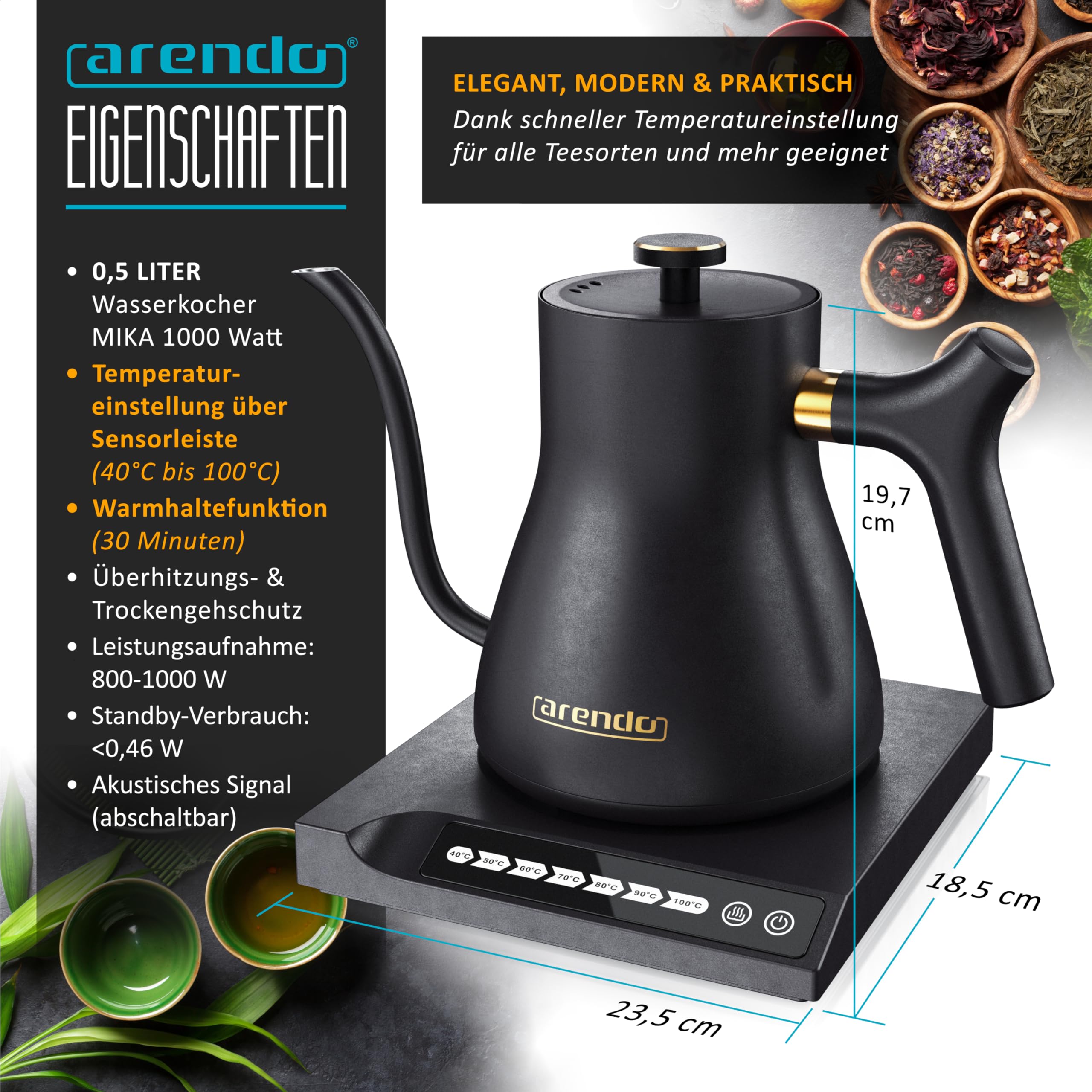 Arendo - Edelstahl Wasserkocher Schwanenhals mit Temperatureinstellung - 40° bis 100° - Warmhaltefunktion 30 Minuten – 0,5 Liter – Sensortasten – 360° Basis - Retro Design - Schwarz