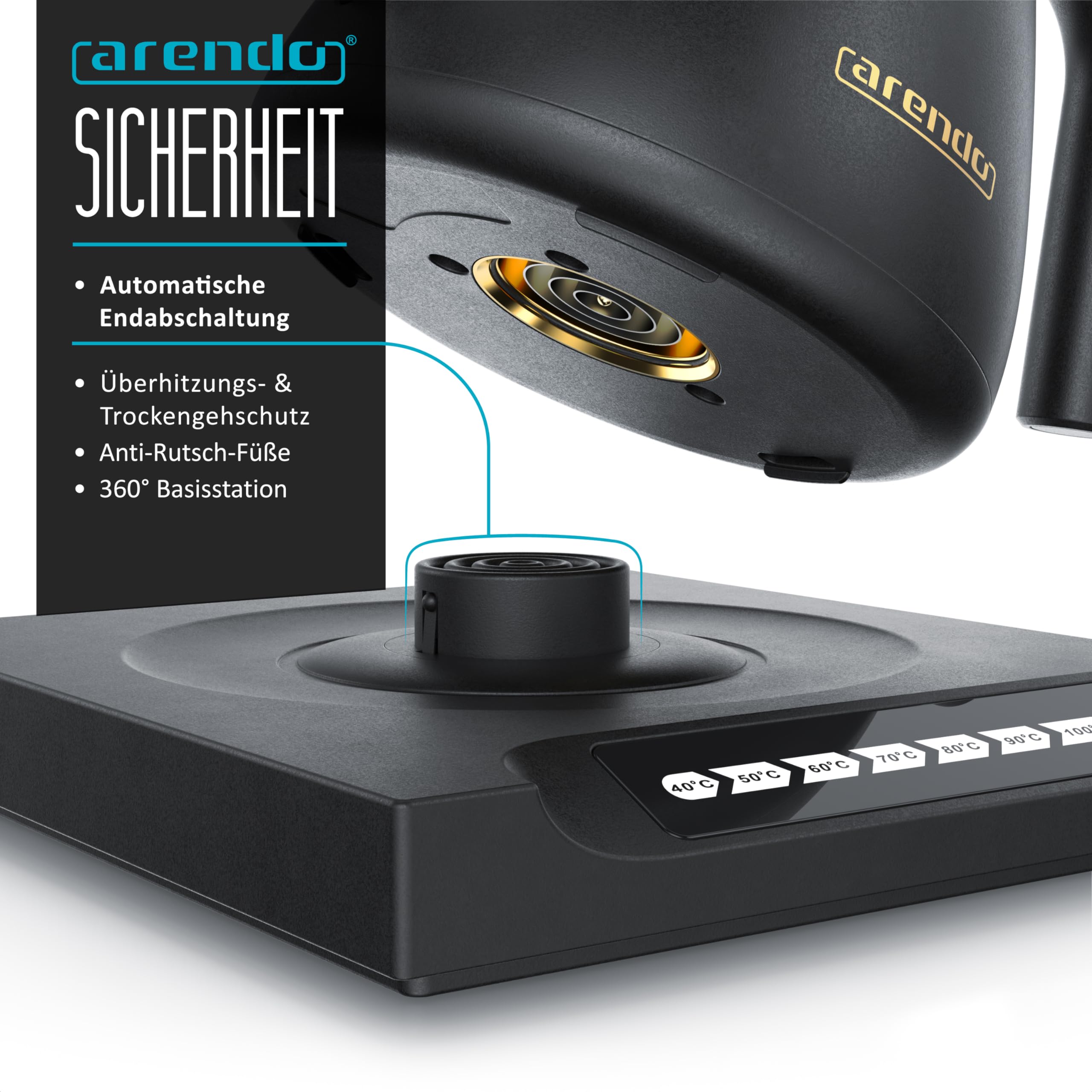 Arendo - Edelstahl Wasserkocher Schwanenhals mit Temperatureinstellung - 40° bis 100° - Warmhaltefunktion 30 Minuten – 0,5 Liter – Sensortasten – 360° Basis - Retro Design - Schwarz