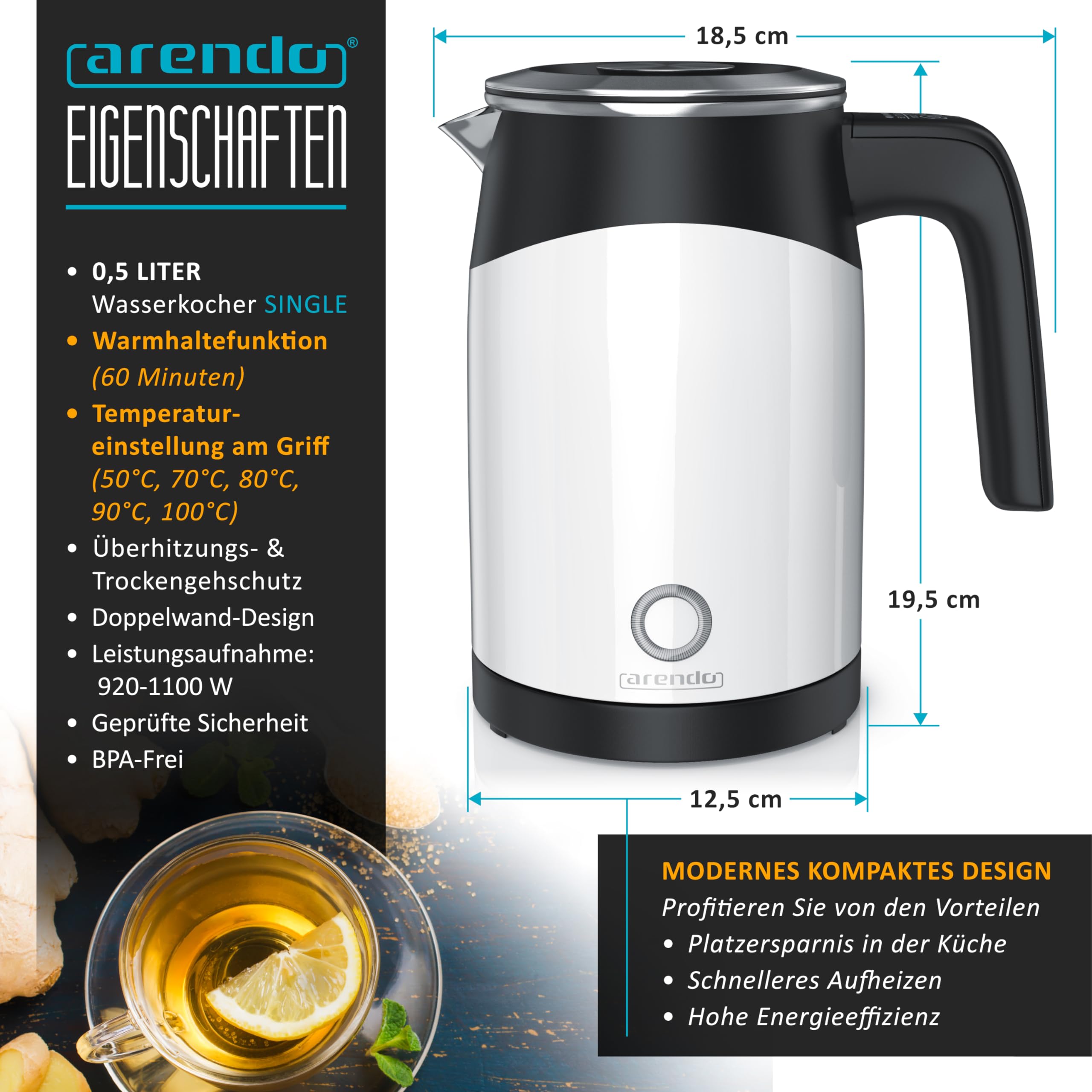 Arendo - 0,5l Edelstahl Wasserkocher mit Temperatureinstellung im Doppelwand-Design - 0,5l Wasser-Füllmenge - 5 Temperaturstufen einstellbar - Warmhaltefunktion - Energiesparend