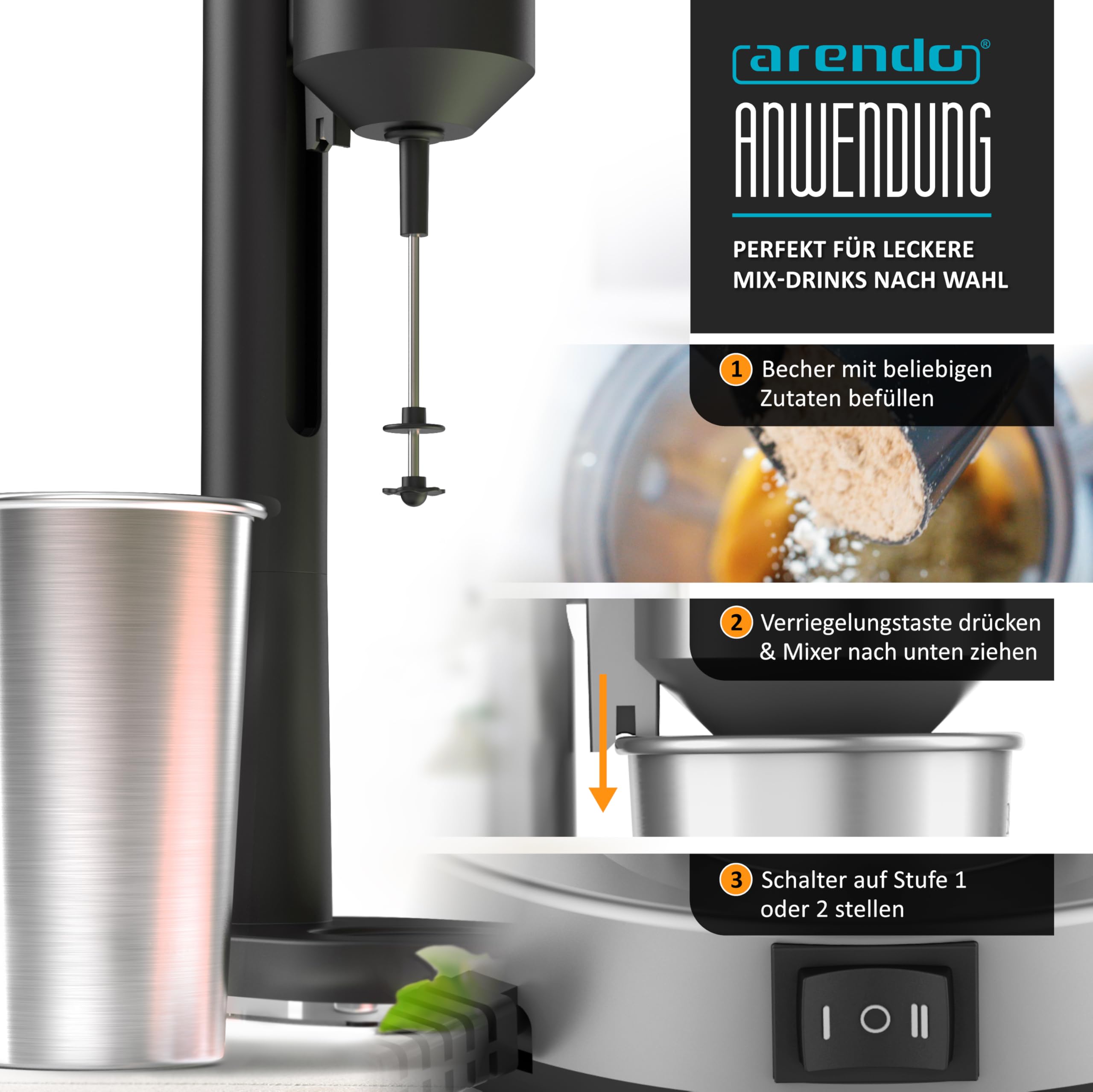 Arendo - Eiweiß Shaker - Protein Mixer - Milchshake Mixer - elektrischer Standmixer - 500 ml Edelstahl Becher - 22.000 U min - 2 Geschwindigkeitsstufen - Fitness Protein Drinks Smoothies Milchshakes