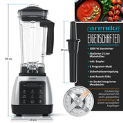 Arendo - Standmixer 2000 Watt mit Touchpanel - Hochleitungsmixer - 2L - 9 Geschwindigkeitsstufen – max. 24.000 U/min - Pulsfunktion – Timer – 5 Programme – Mixer mit Display – 6 Messer aus Edelstahl