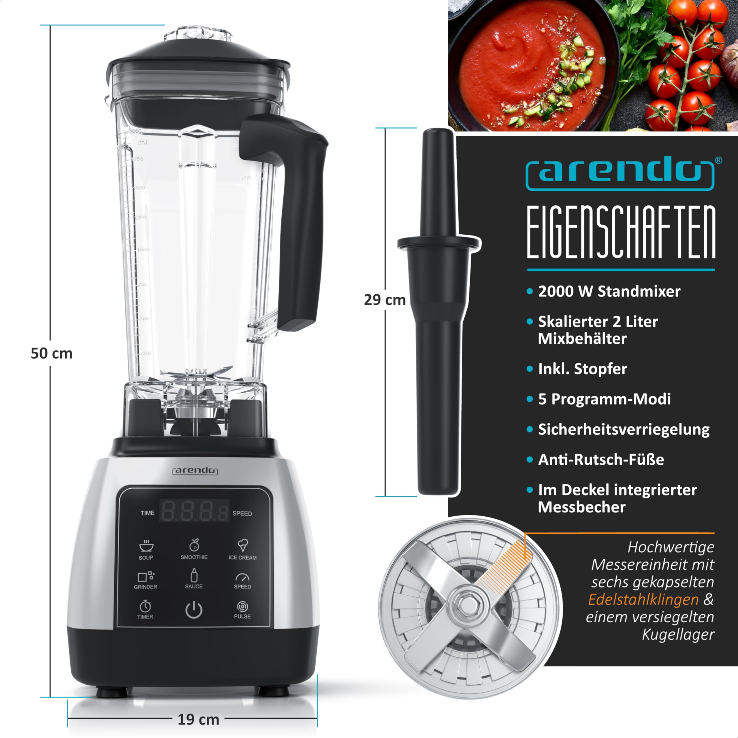 Arendo - Standmixer 2000 Watt mit Touchpanel - Hochleitungsmixer - 2L - 9 Geschwindigkeitsstufen – max. 24.000 U/min - Pulsfunktion – Timer – 5 Programme – Mixer mit Display – 6 Messer aus Edelstahl