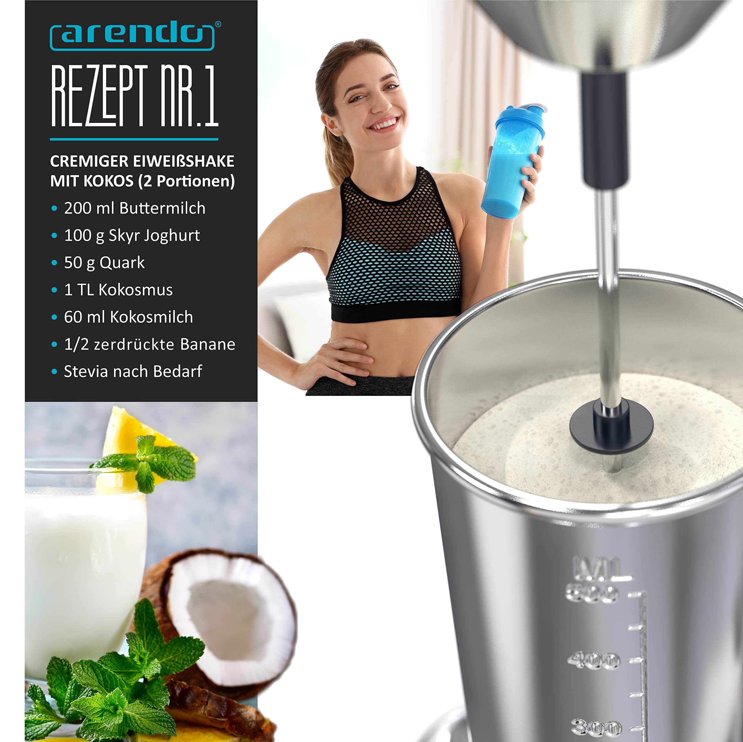 Arendo - Drink Mixer - Eiweiß Shaker - Getränkemixer - elektrischer Standmixer - 500 ml Becher - 22.000 U min - 2 Geschwindigkeitsstufen - Fitness Protein Drinks Smoothies Milchshakes Cocktails