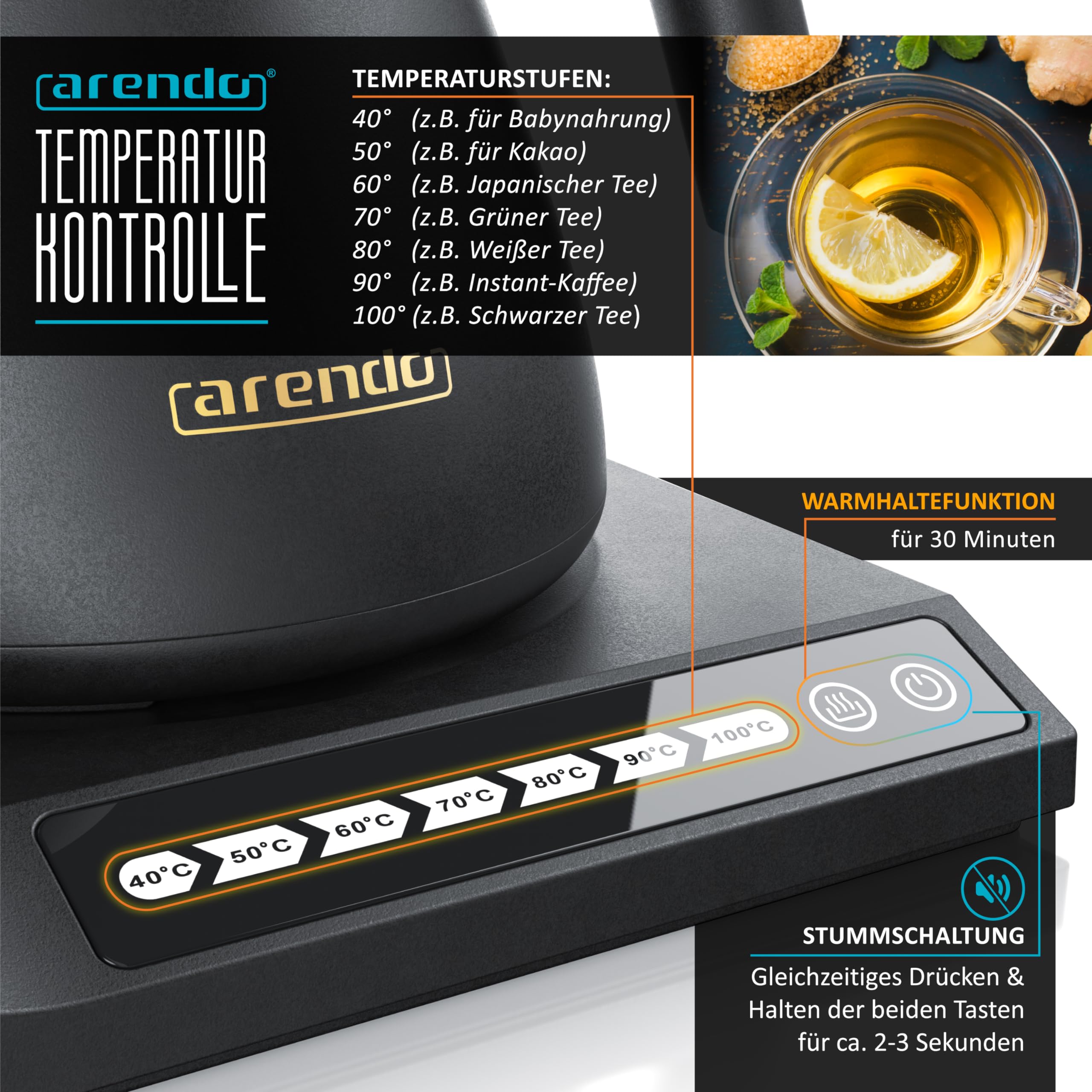 Arendo - Edelstahl Wasserkocher Schwanenhals mit Temperatureinstellung - 40° bis 100° - Warmhaltefunktion 30 Minuten – 0,5 Liter – Sensortasten – 360° Basis - Retro Design - Schwarz