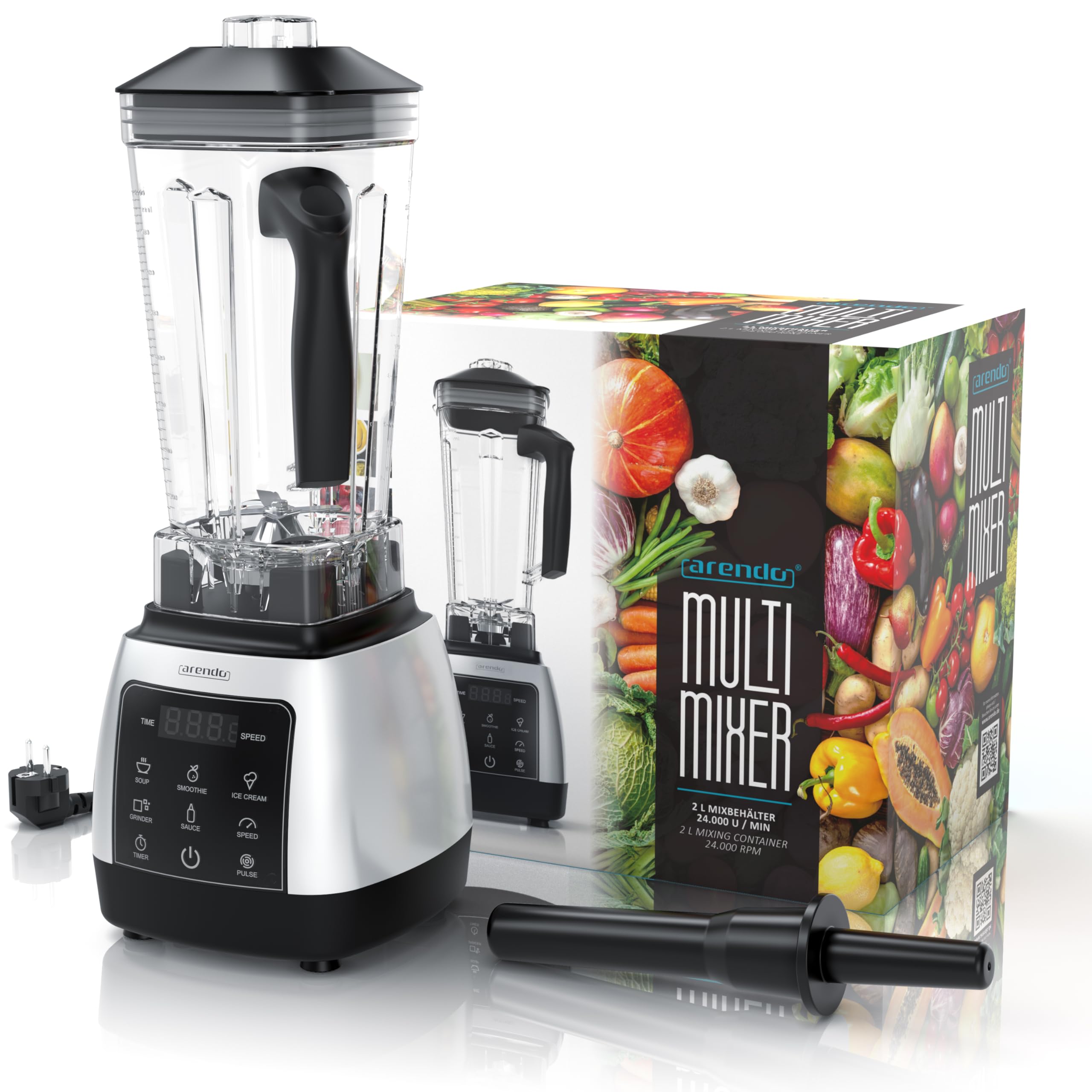 Arendo - Standmixer 2000 Watt mit Touchpanel - Hochleitungsmixer - 2L - 9 Geschwindigkeitsstufen – max. 24.000 U/min - Pulsfunktion – Timer – 5 Programme – Mixer mit Display – 6 Messer aus Edelstahl