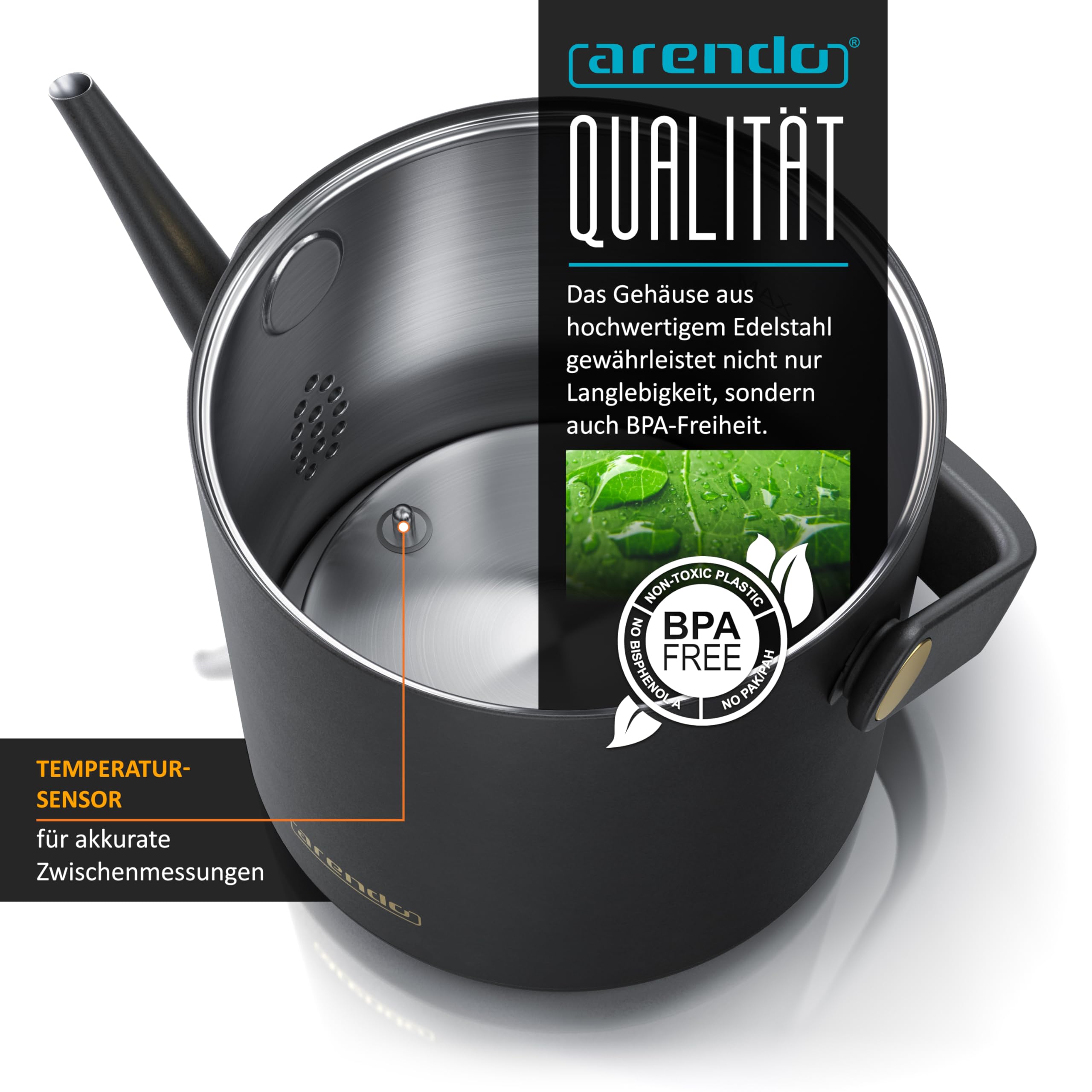 Arendo - Edelstahl Wasserkocher mit Temperatureinstellung - 40° bis 100° - Warmhaltefunktion 30 Minuten – 0,5 Liter – Sensortasten – 360° Basis – Retro Design - Schwarz