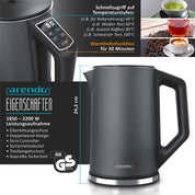Arendo - Wasserkocher mit Toaster SET Edelstahl Cool Grey, Wasserkocher 1,5L 40°-100°C Warmhaltefunktion Toaster 2 Scheiben LED-Display 6 Bräunungsgrade Brötchaufsatz