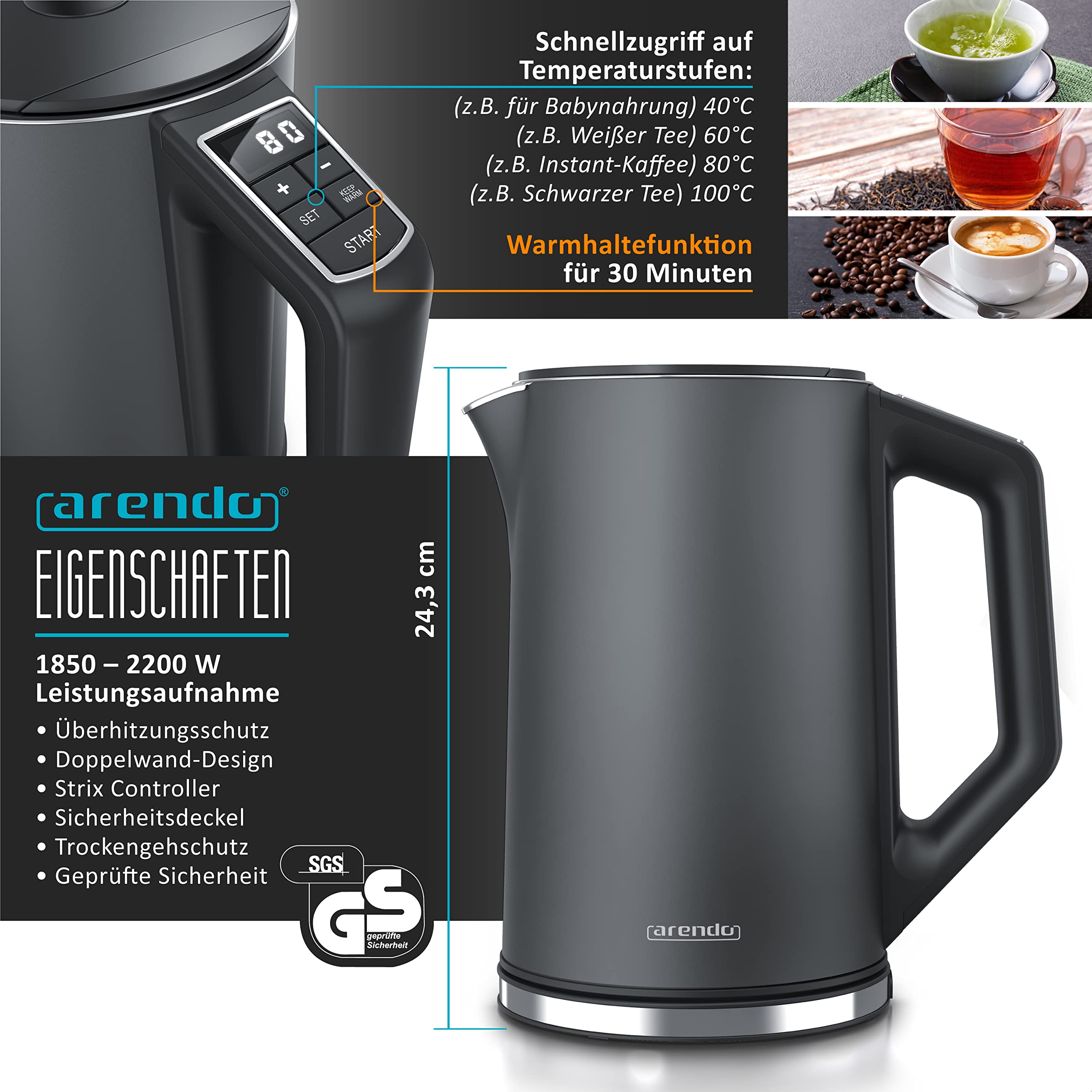 Arendo - Wasserkocher mit Toaster SET Edelstahl Cool Grey, Wasserkocher 1,5L 40°-100°C Warmhaltefunktion Toaster 2 Scheiben LED-Display 6 Bräunungsgrade Brötchaufsatz