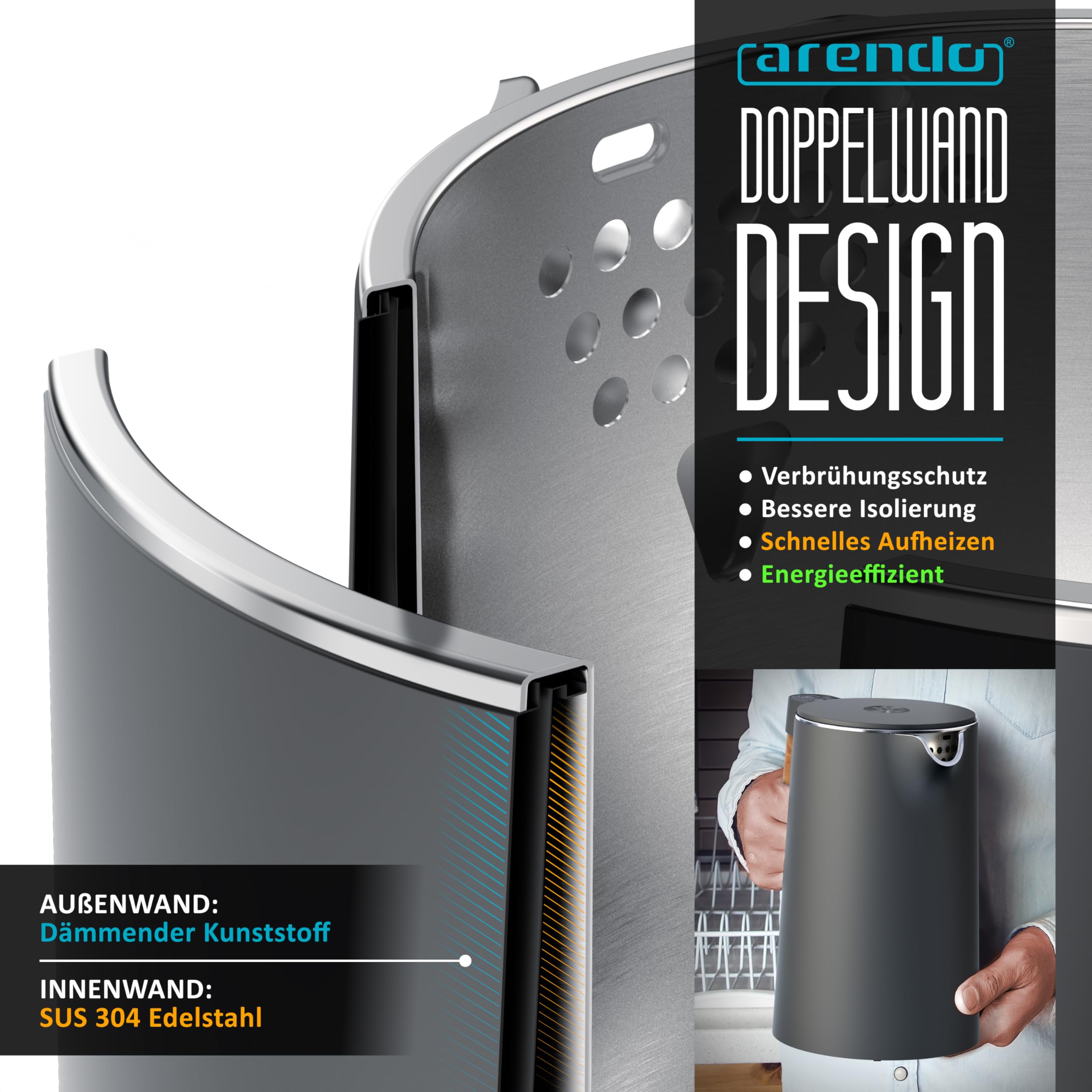 Arendo - Wasserkocher Edelstahl mit Temperatureinstellung - 45°C-100°C - 1.5 Liter - Doppelwand - BPA frei - Warmhaltefunktion - Teekocher mit Temperaturanzeige - Griff Cool Touch - Schwarz Cool Grey