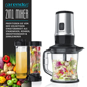 Arendo - Edelstahl Standmixer 700W - 2in1 - Smoothie Maker - 1,2l Fassungsvermögen inkl. 2x 0,57l Smoothie Mixbehälter - Mix & Go Shake Mixer - Leistungsstarkes Edelstahlmesser