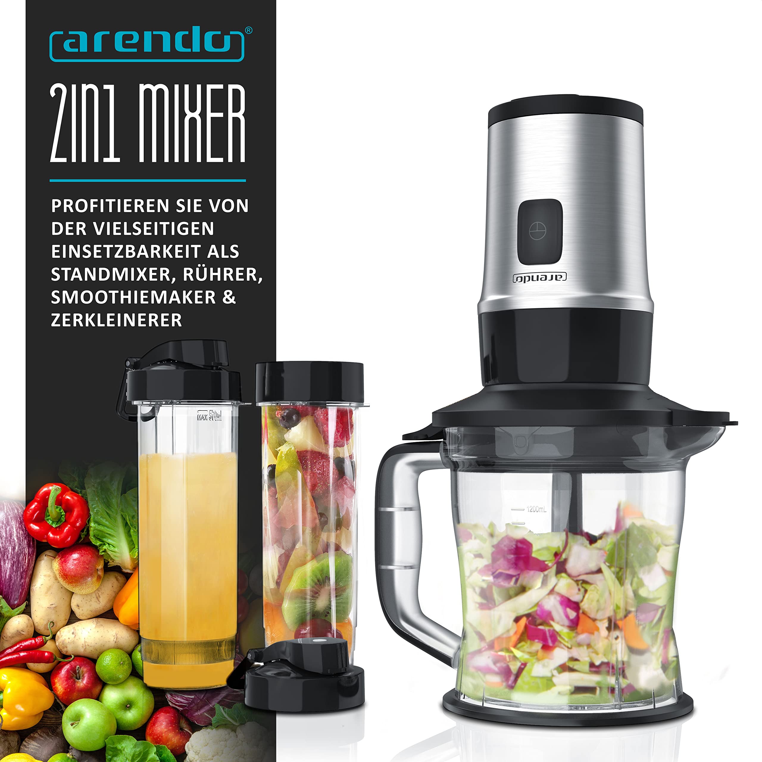 Arendo - Edelstahl Standmixer 700W - 2in1 - Smoothie Maker - 1,2l Fassungsvermögen inkl. 2x 0,57l Smoothie Mixbehälter - Mix & Go Shake Mixer - Leistungsstarkes Edelstahlmesser