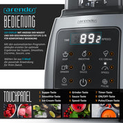 Arendo - Standmixer 2000 Watt mit Touchpanel - Hochleitungsmixer - 2L - 9 Geschwindigkeitsstufen – max. 24.000 U/min - Pulsfunktion – Timer – 5 Programme – Mixer mit Display – 6 Messer aus Edelstahl