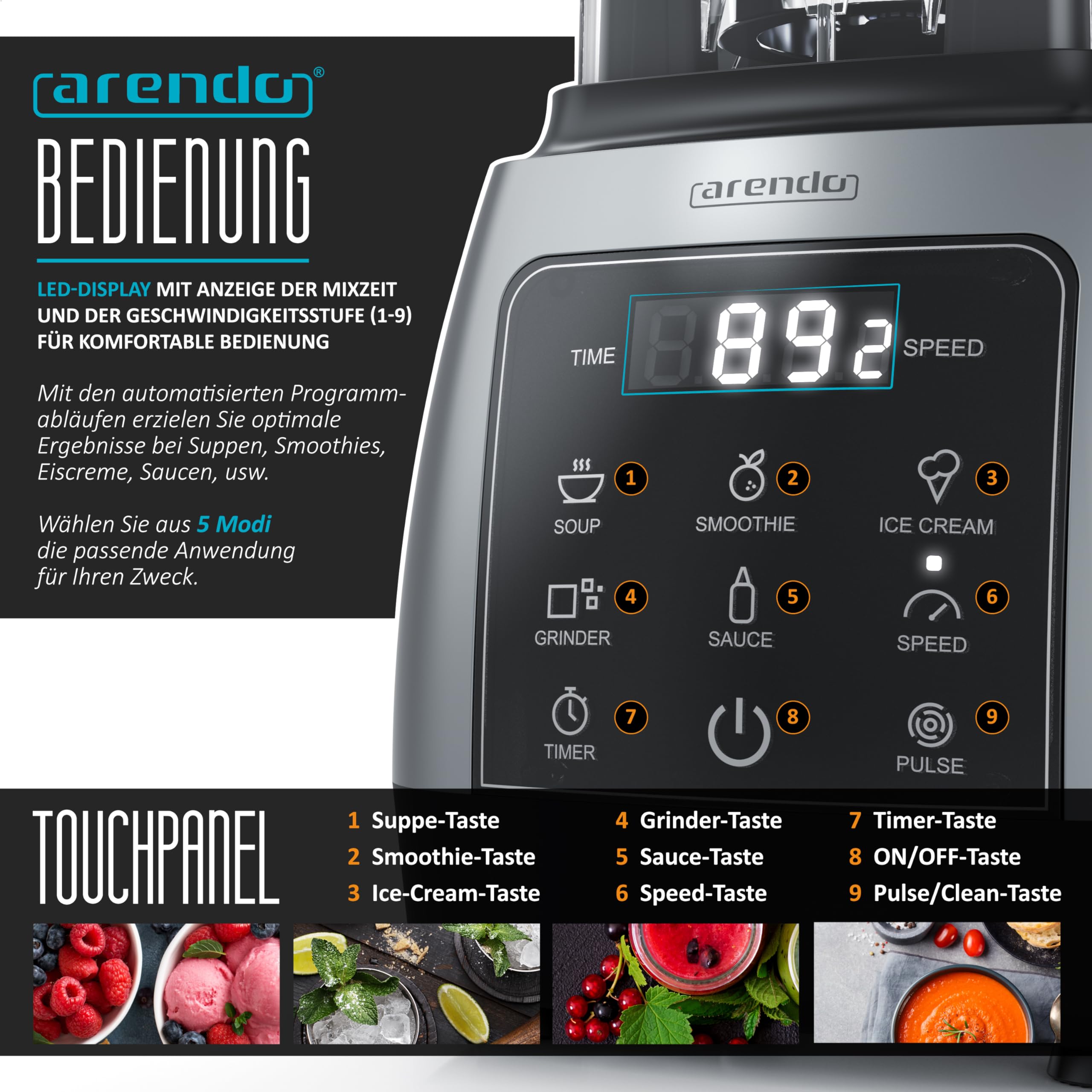 Arendo - Standmixer 2000 Watt mit Touchpanel - Hochleitungsmixer - 2L - 9 Geschwindigkeitsstufen – max. 24.000 U/min - Pulsfunktion – Timer – 5 Programme – Mixer mit Display – 6 Messer aus Edelstahl