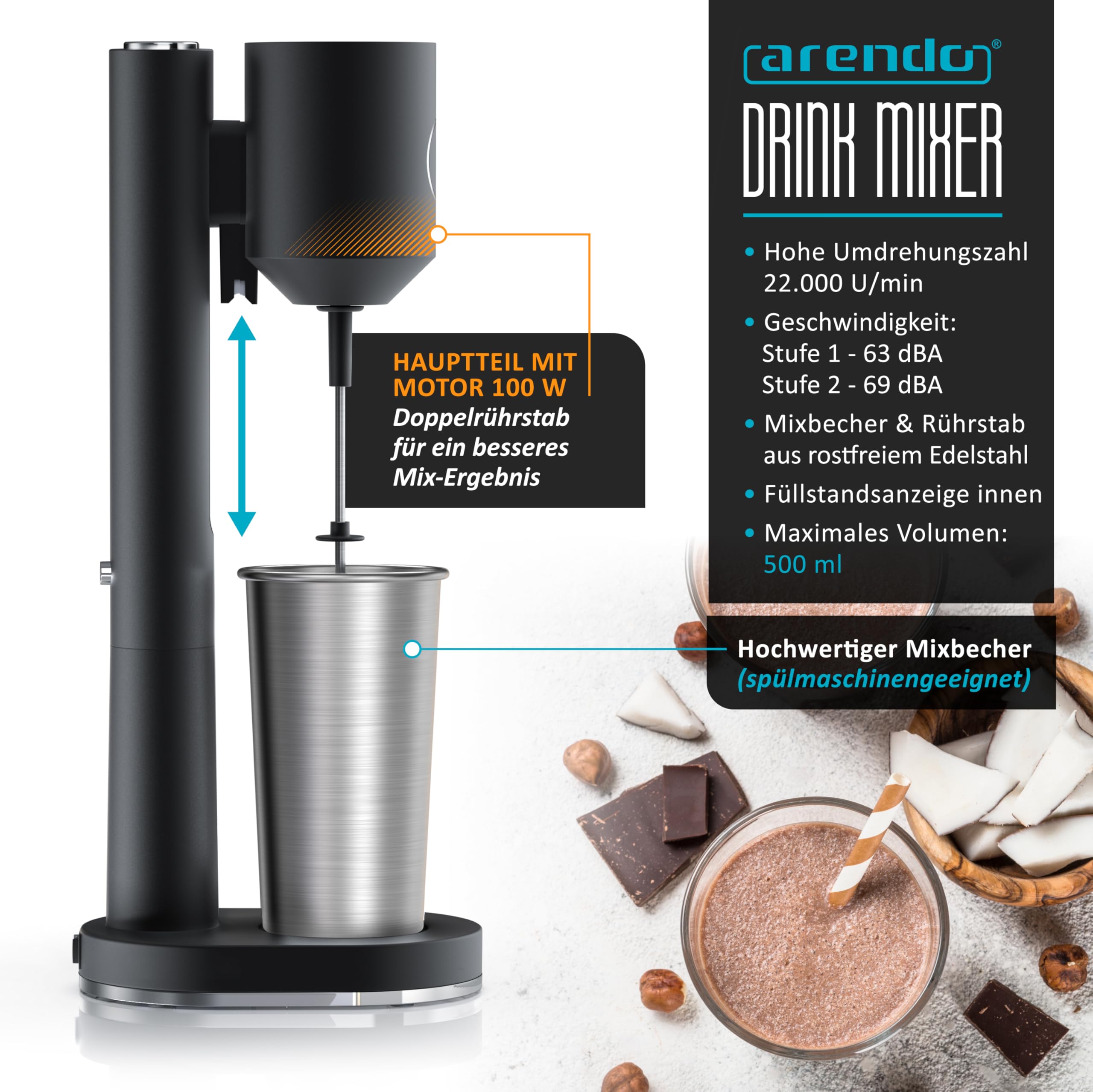 Arendo - Eiweiß Shaker - Protein Mixer - Milchshake Mixer - elektrischer Standmixer - 500 ml Edelstahl Becher - 22.000 U min - 2 Geschwindigkeitsstufen - Fitness Protein Drinks Smoothies Milchshakes