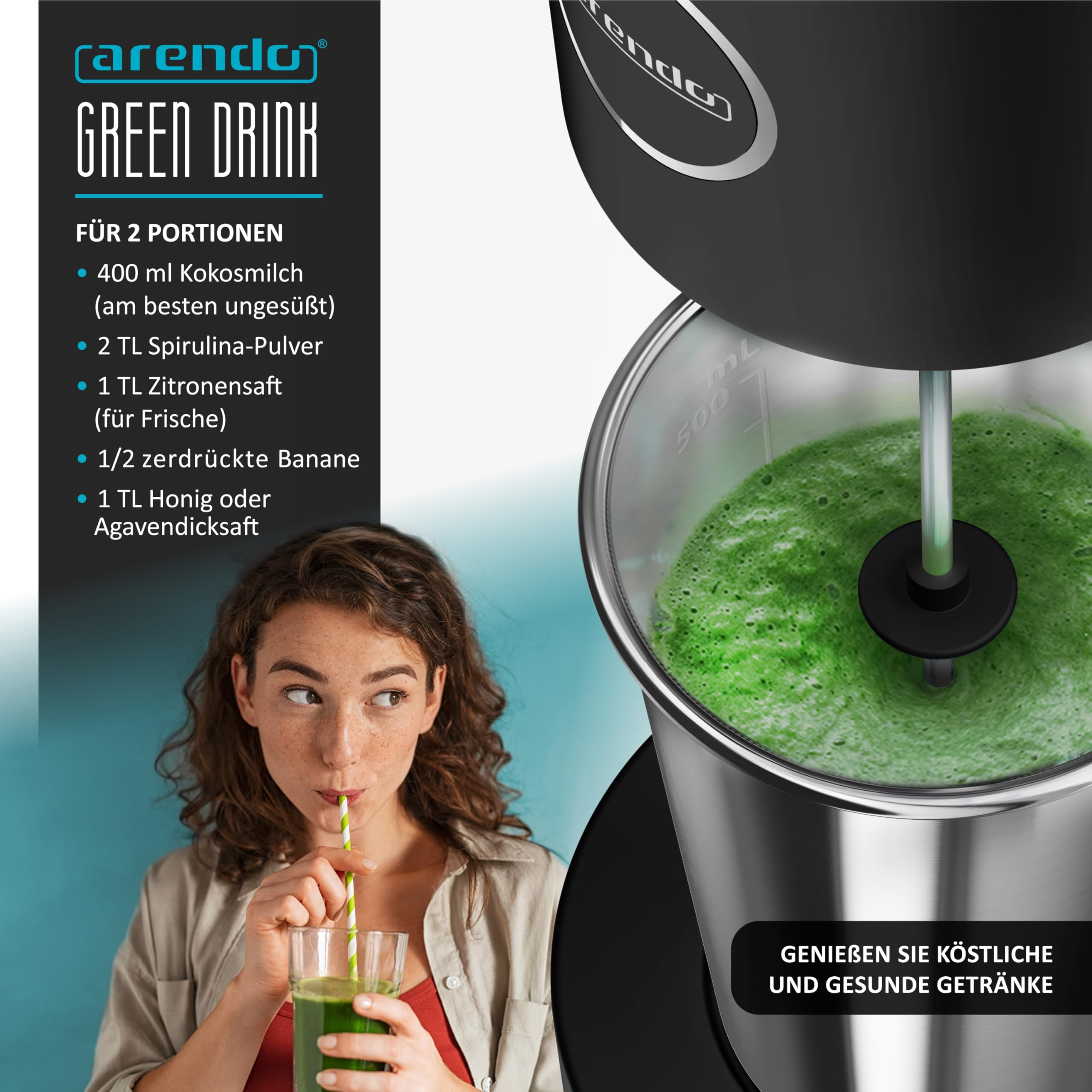 Arendo - Eiweiß Shaker - Protein Mixer - Milchshake Mixer - elektrischer Standmixer - 500 ml Edelstahl Becher - 22.000 U min - 2 Geschwindigkeitsstufen - Fitness Protein Drinks Smoothies Milchshakes