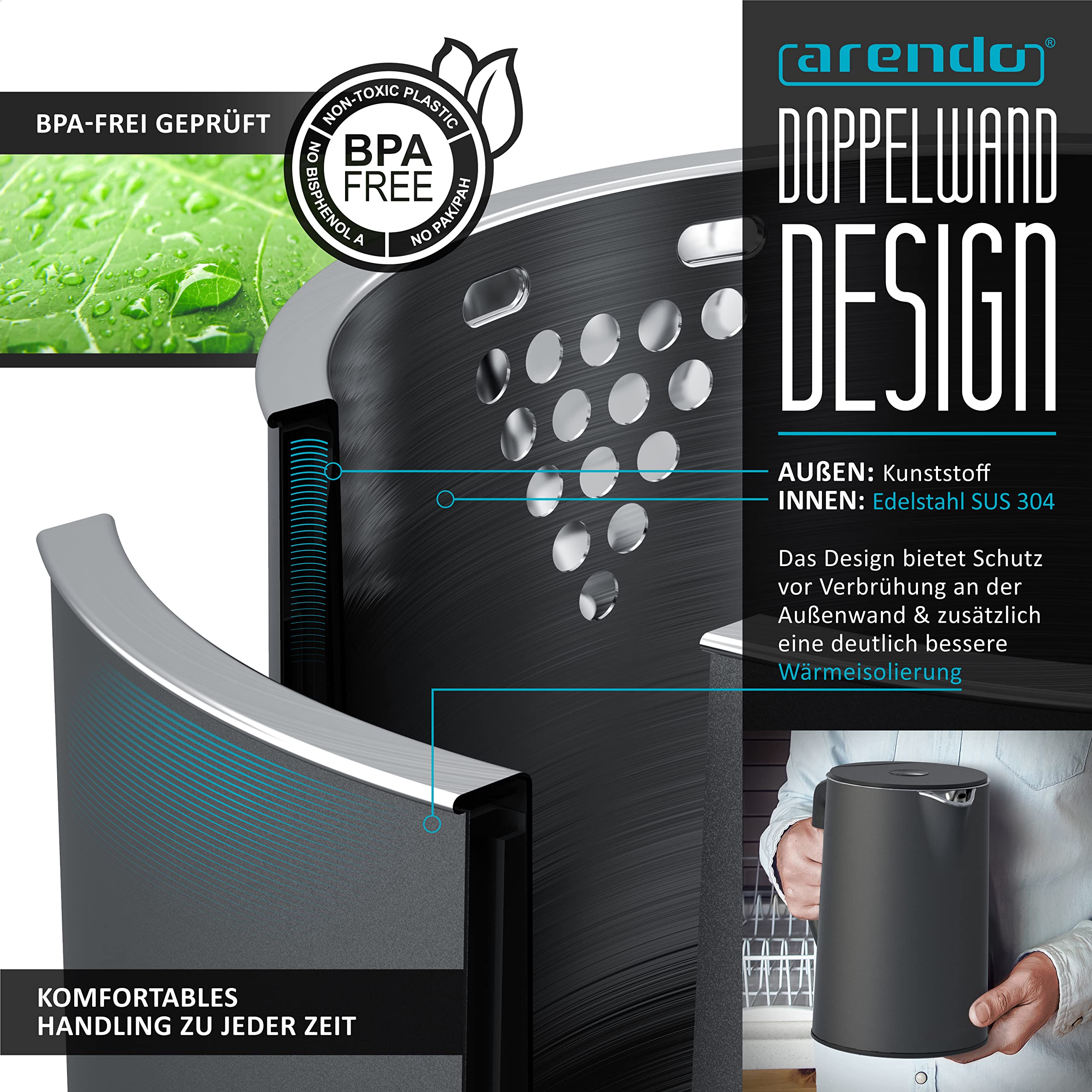 Arendo - Wasserkocher mit Toaster SET Edelstahl Cool Grey, Wasserkocher 1,5L 40°-100°C Warmhaltefunktion Toaster 2 Scheiben LED-Display 6 Bräunungsgrade Brötchaufsatz