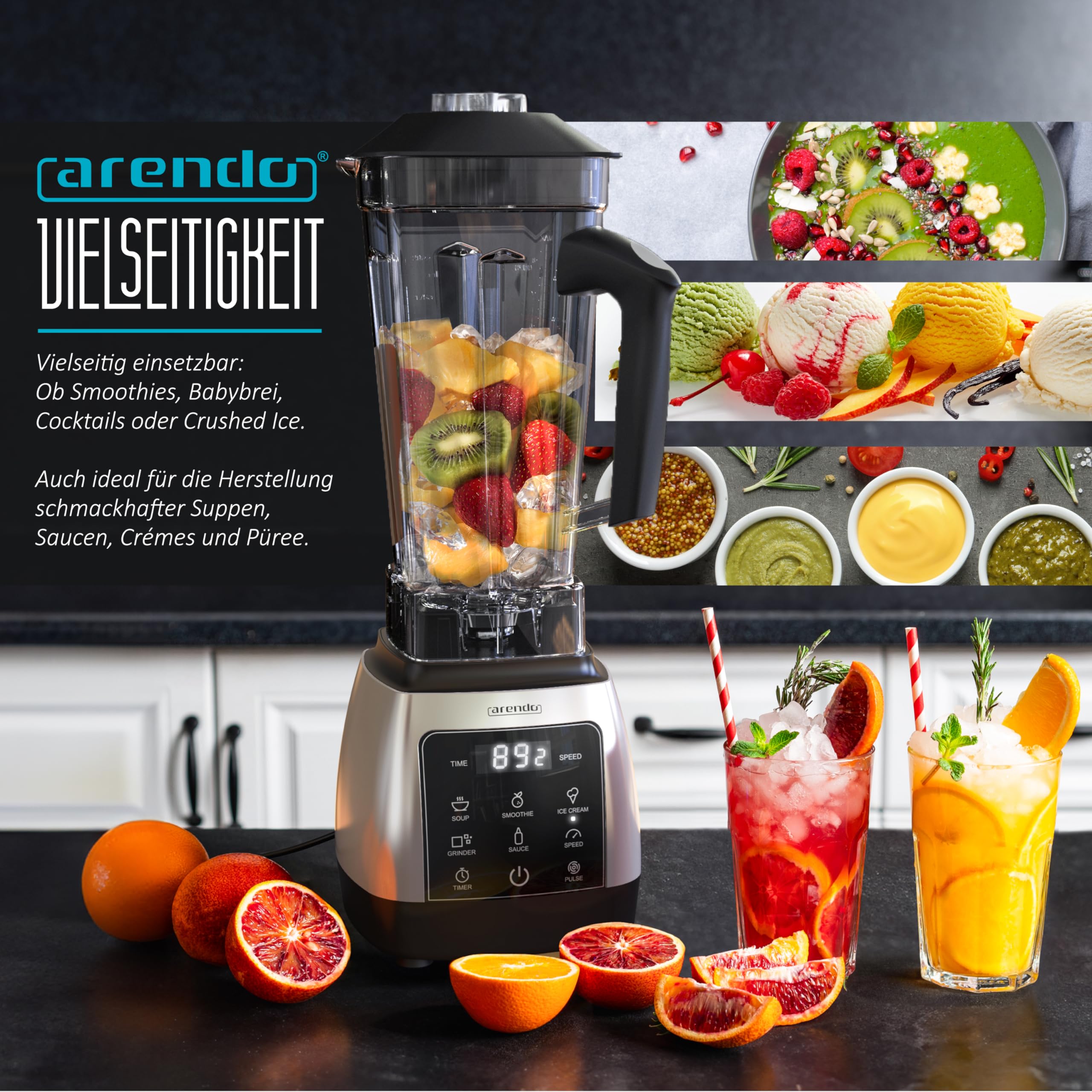 Arendo - Standmixer 2000 Watt mit Touchpanel - Hochleitungsmixer - 2L - 9 Geschwindigkeitsstufen – max. 24.000 U/min - Pulsfunktion – Timer – 5 Programme – Mixer mit Display – 6 Messer aus Edelstahl